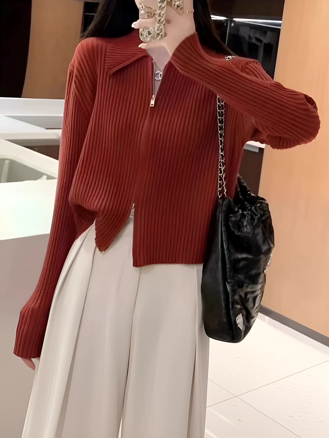 Women's cropped knit cardigan for spring, polo collar, zip closure, long sleeve, solid colour, casual style