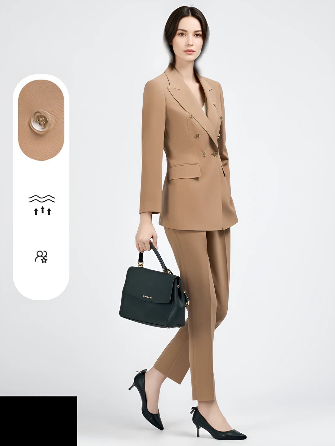 Women's suit set with trousers: blazer and trousers, khaki color, long sleeve, polyester fabric