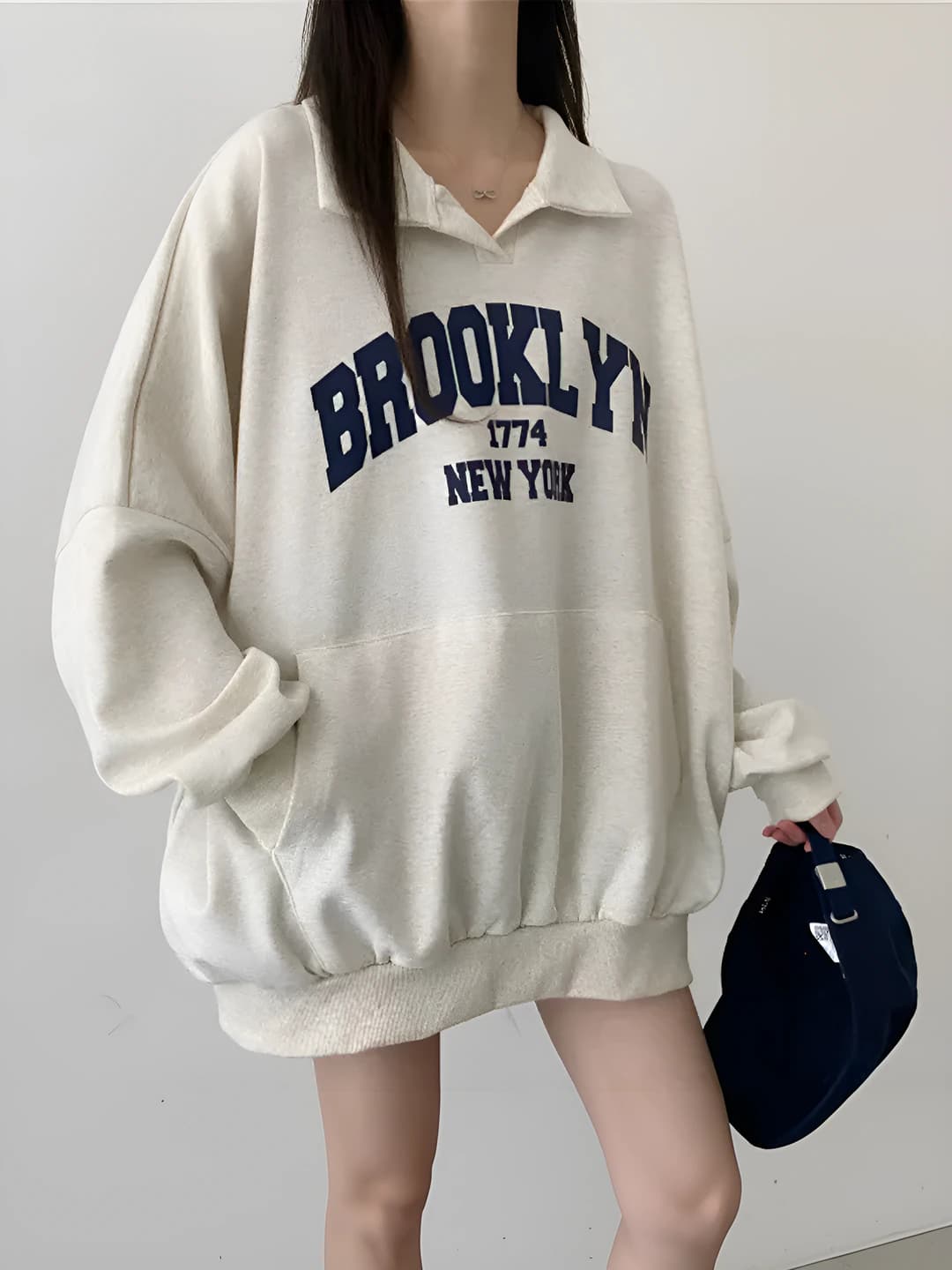 Women's polo collar sweatshirt, 2026 autumn-winter, fleece-lined, thickened, loose fit, long sleeve, printed, casual style