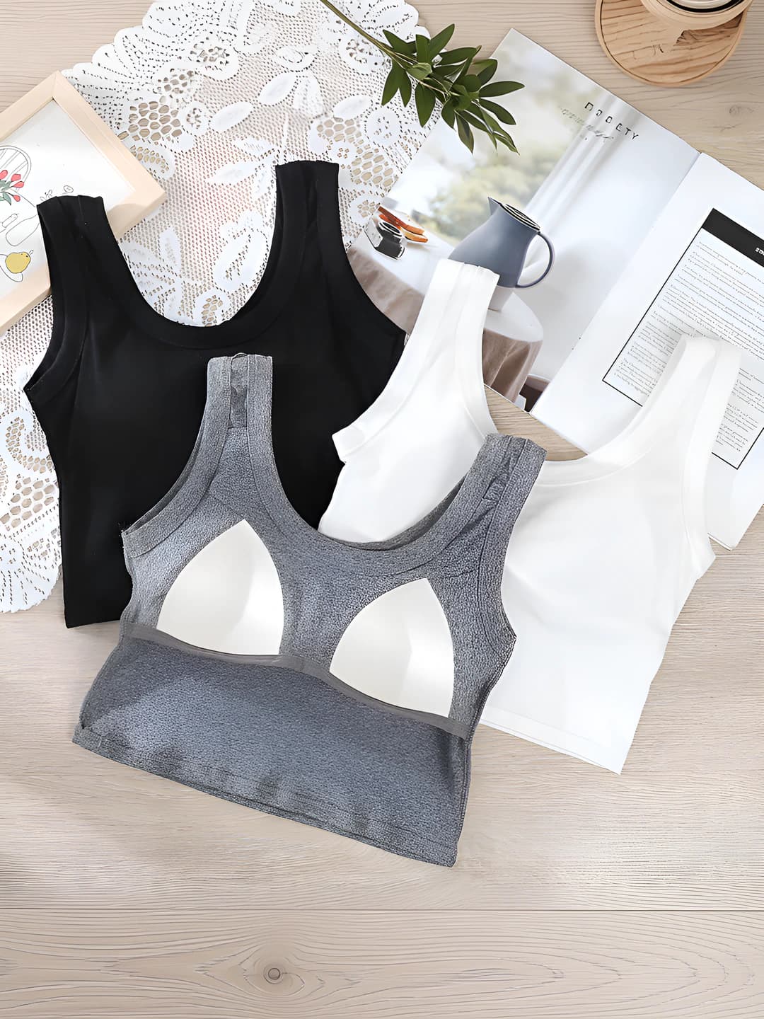 Women's built-in cup tank top: solid colour, crew neck, cotton, sports, Korean style, all-season