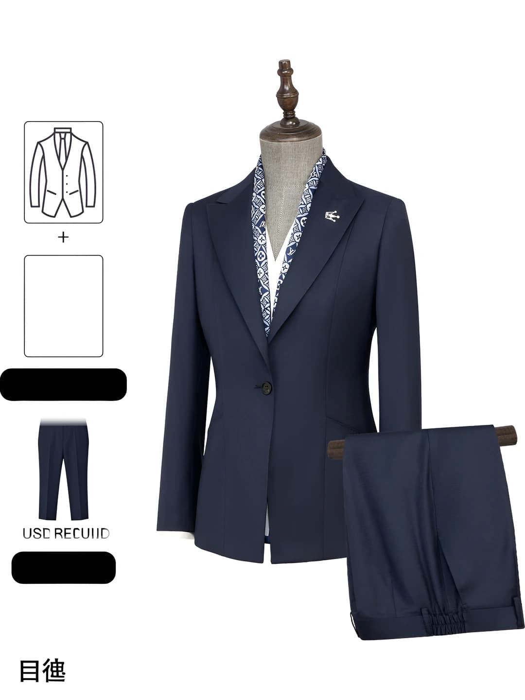 Navy, 70% wool, suit