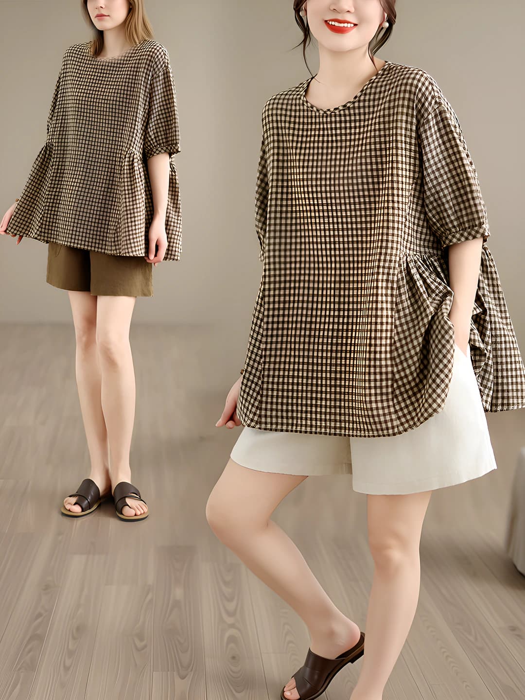 Women's loose fit checked retro blouse, crew neck, short sleeve, polyester fabric