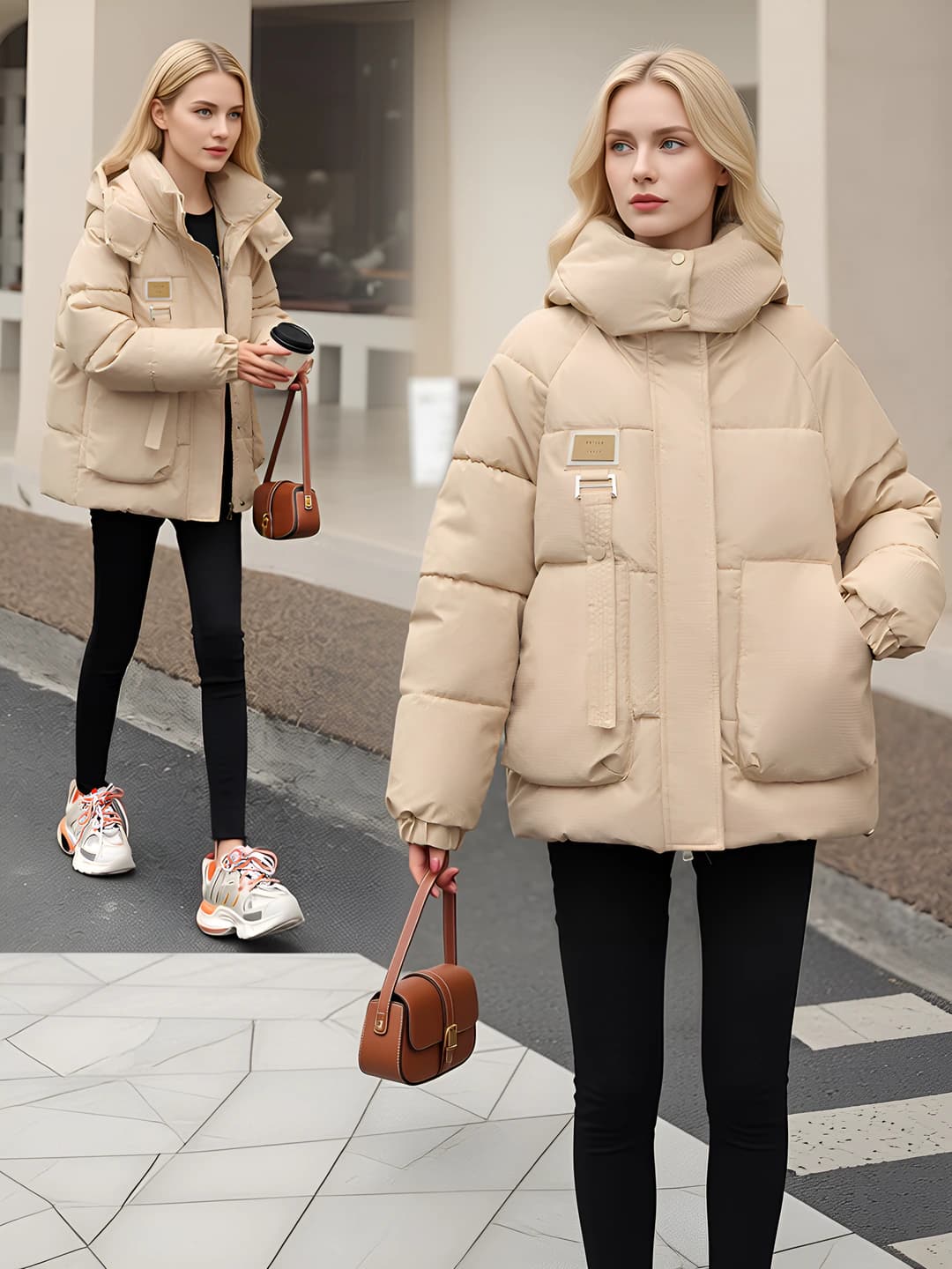 Ayollar uchun qishki puxli kurtka, issiq saqlaydigan, qalinlashtirilgan, bo'sh (oversize) kesim, koreys uslubida, fermuar, uzun yeng, bir rangli