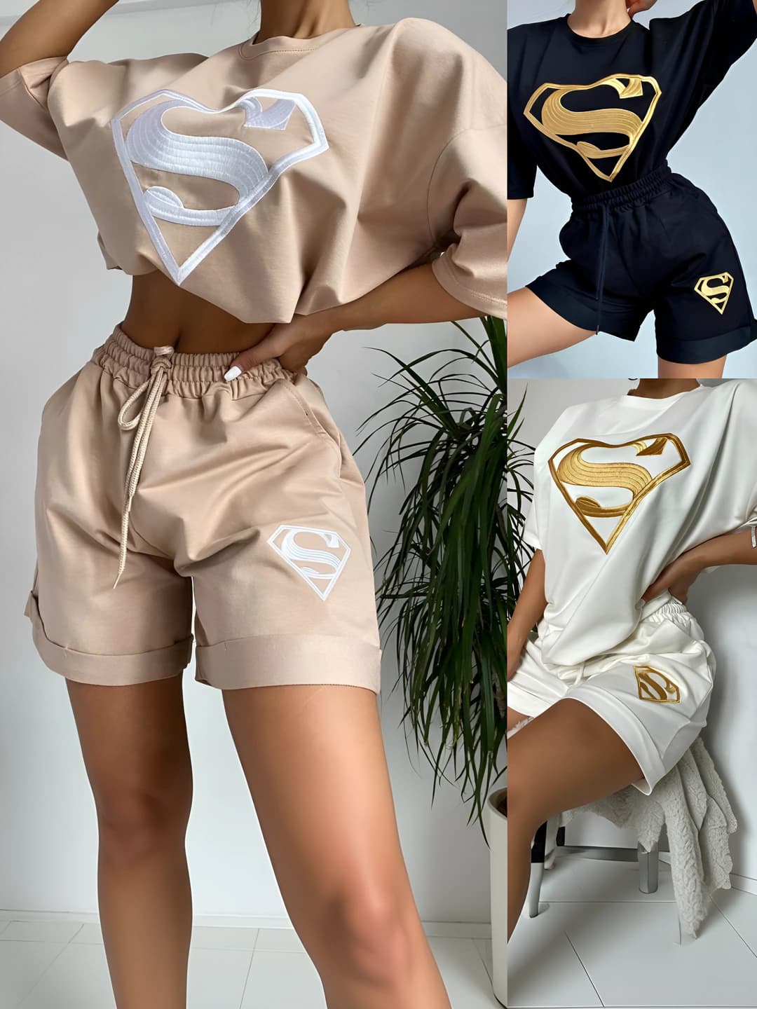 Women's summer sports sweatshirt and short shorts set, solid colour