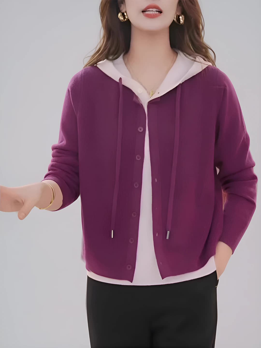 Women's hooded cardigan, solid colour, loose fit, long sleeve, spring-autumn