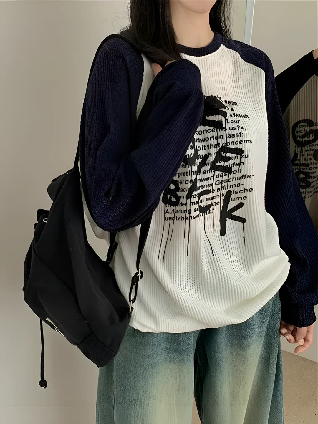 Women's retro Korean style sweatshirt, autumn, plus size, loose fit, crew neck, long sleeve, printed, casual