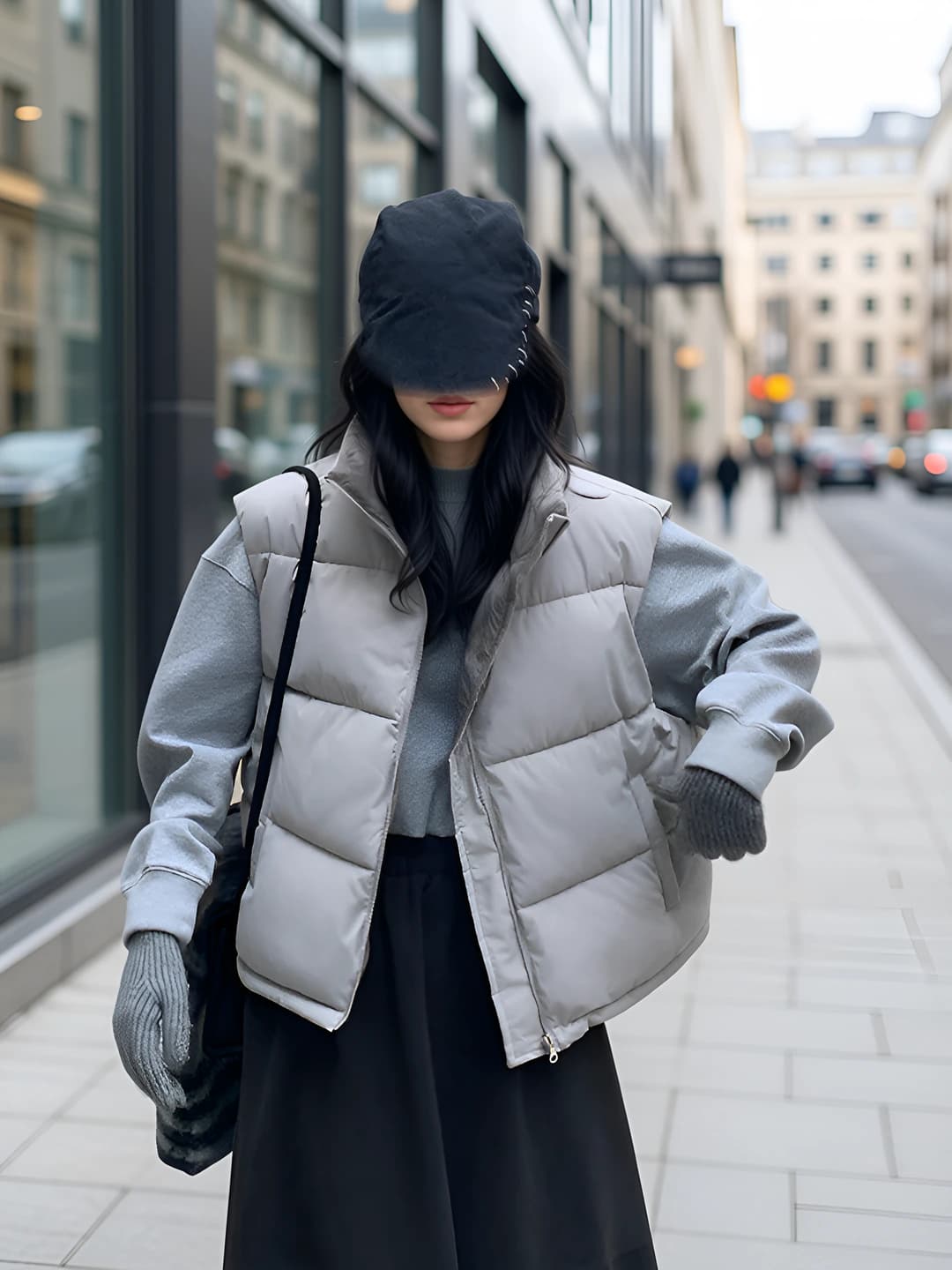 Women's reversible padded vest with down-alternative fill, autumn-winter 2026, Korean style, loose fit, stand collar, zip, solid colour, thick, casual