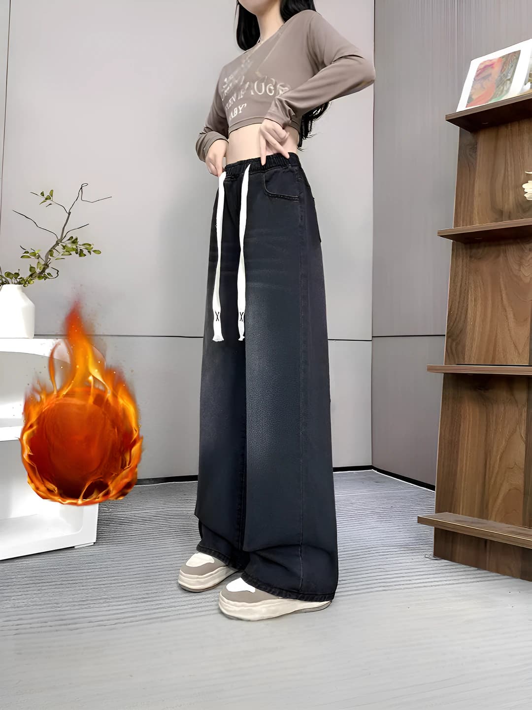 Women's wide-leg jeans with high waist, elastic waist and drawstring, fleece-lined, thickened, loose fit
