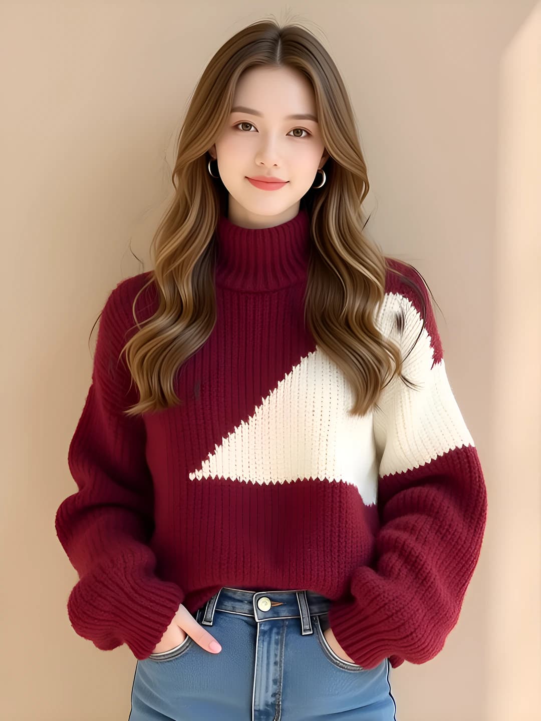 Women's high neck thick loose fit burgundy turtleneck sweater, winter 2026