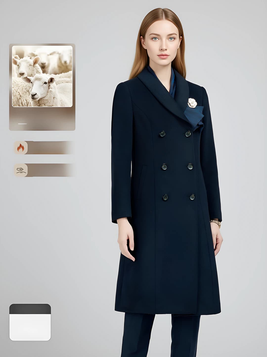 Women's wool and cashmere coat, thick, slim fit, solid colour, long sleeve, square collar, double-breasted, non-iron