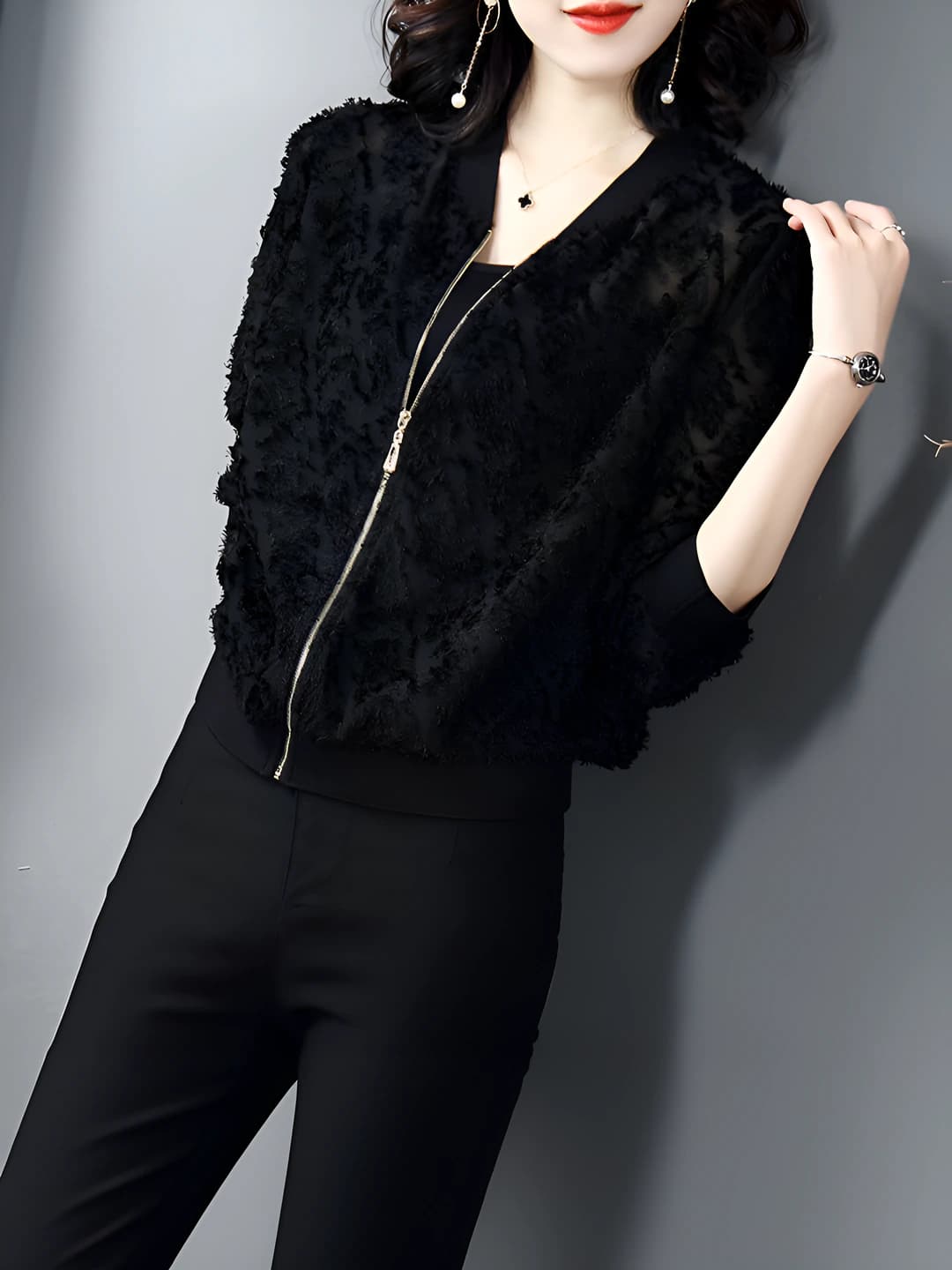 Ayollar uchun fermuarli kurtka, issiq astarli, bo'sh (oversize) kesim, tik yoqa, uzun yeng, bir rangli, kundalik, koreys uslubida, bahor-kuz
