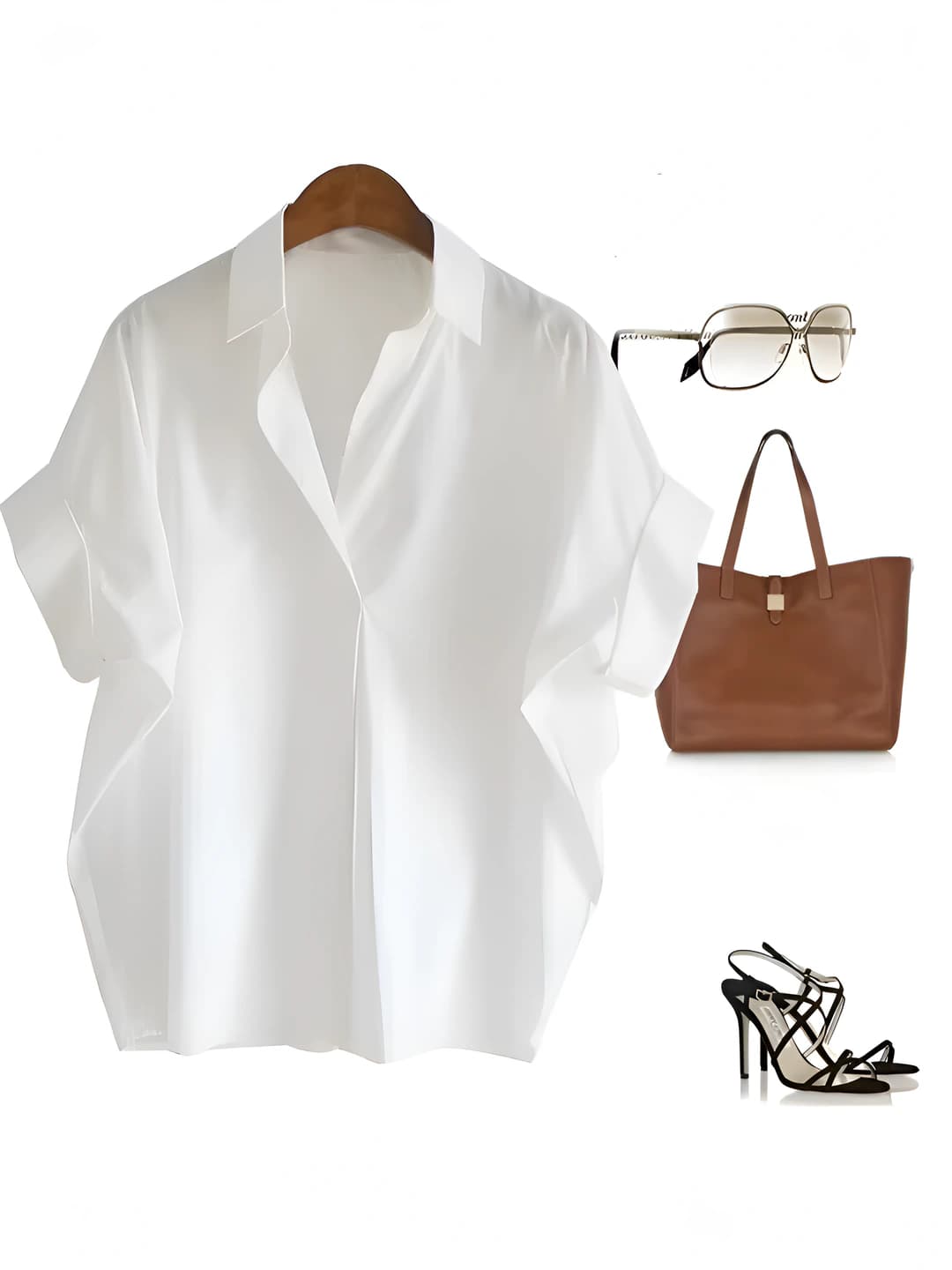 Women's summer retro solid colour white shirt with POLO collar, short sleeve, loose fit