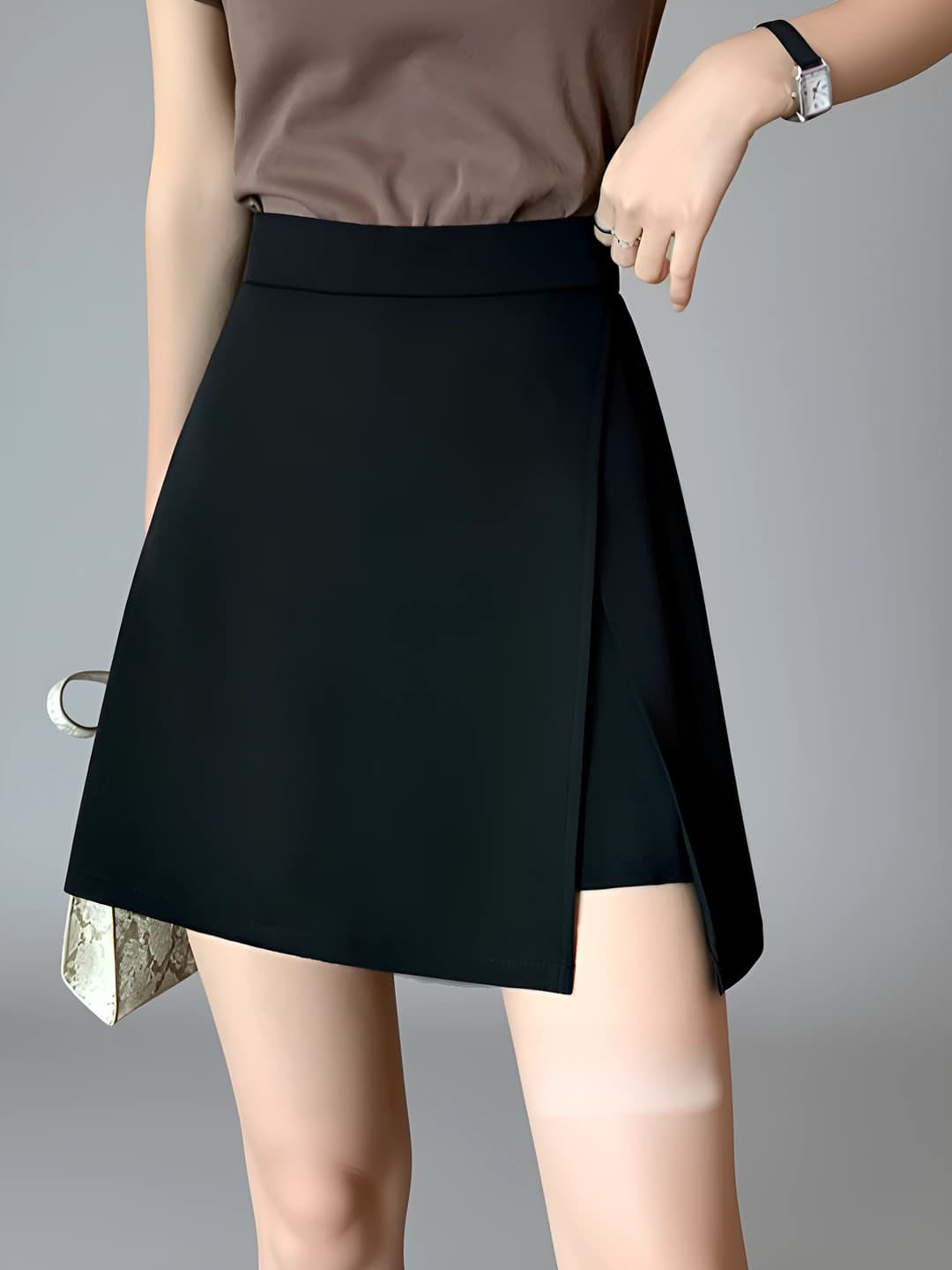 Women's A-line skirt for summer 2026, black, solid colour, slimming, for petite, with slit