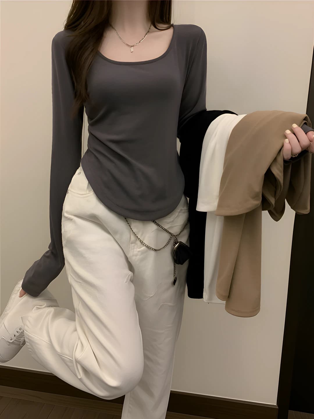 Women's autumn-winter slim fit long-sleeve base top, crew neck, solid colour, casual style
