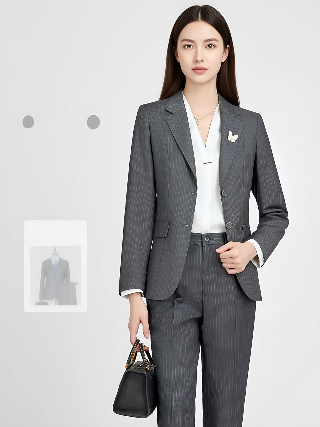 Women's grey herringbone blazer and trousers set, long sleeve, casual style