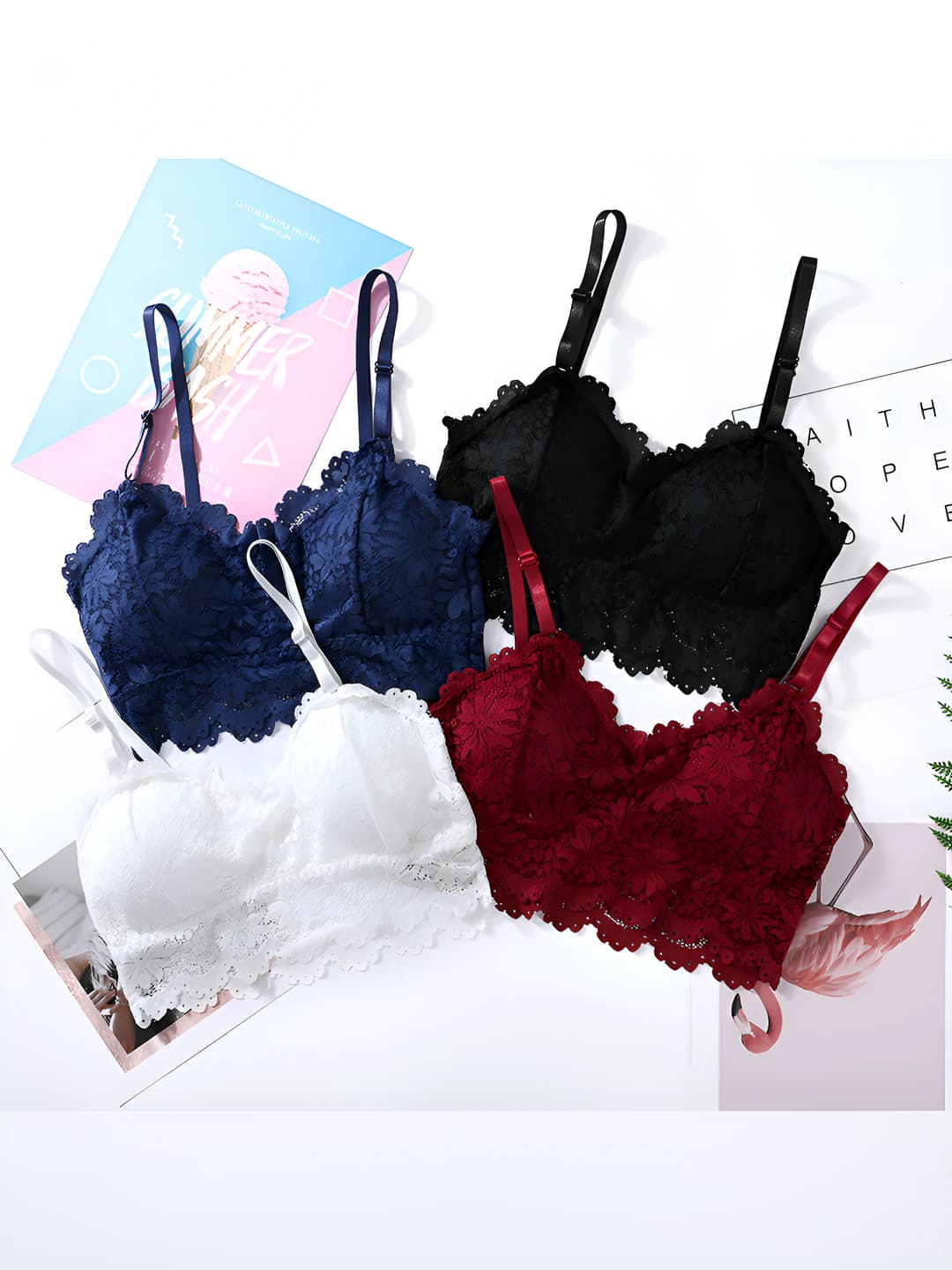Women's lace bra with built-in cup, V-neck, seamless, breathable, 90%-95% nylon