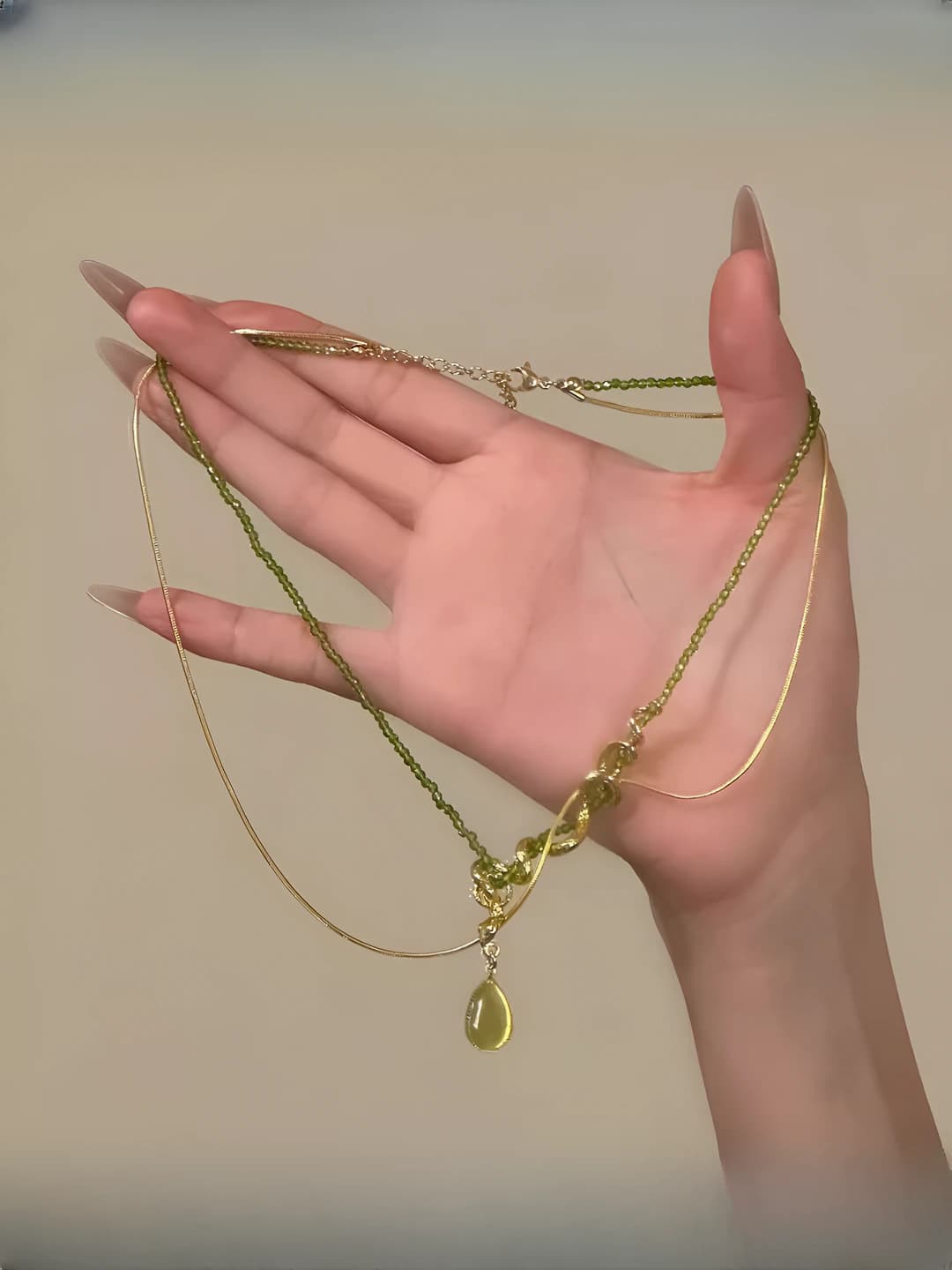Summer forest style olive green snake drop necklace, simple layered choker, Korean style