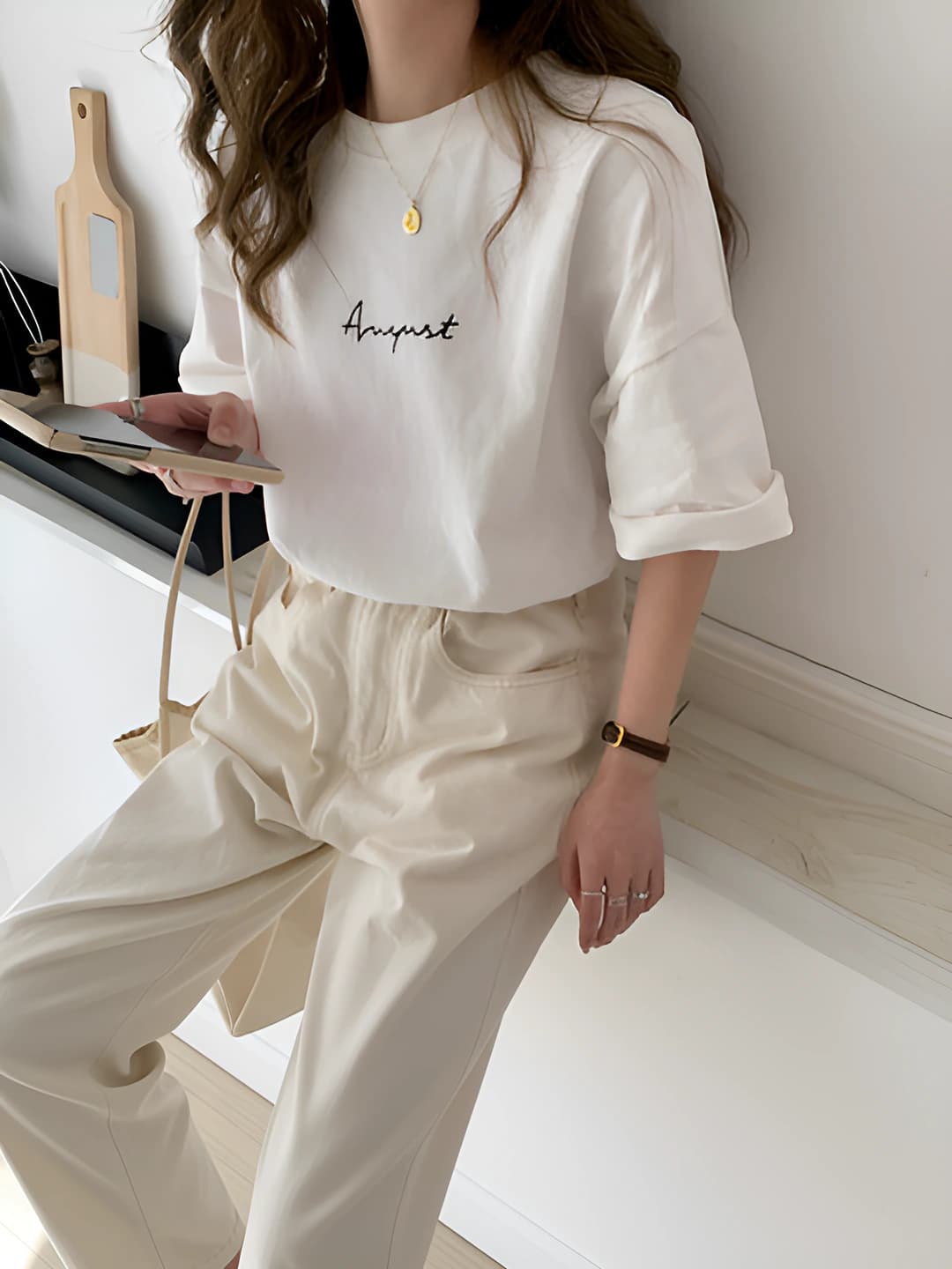 Women's white short-sleeve t-shirt, Korean style, loose fit, crew neck, printed, summer