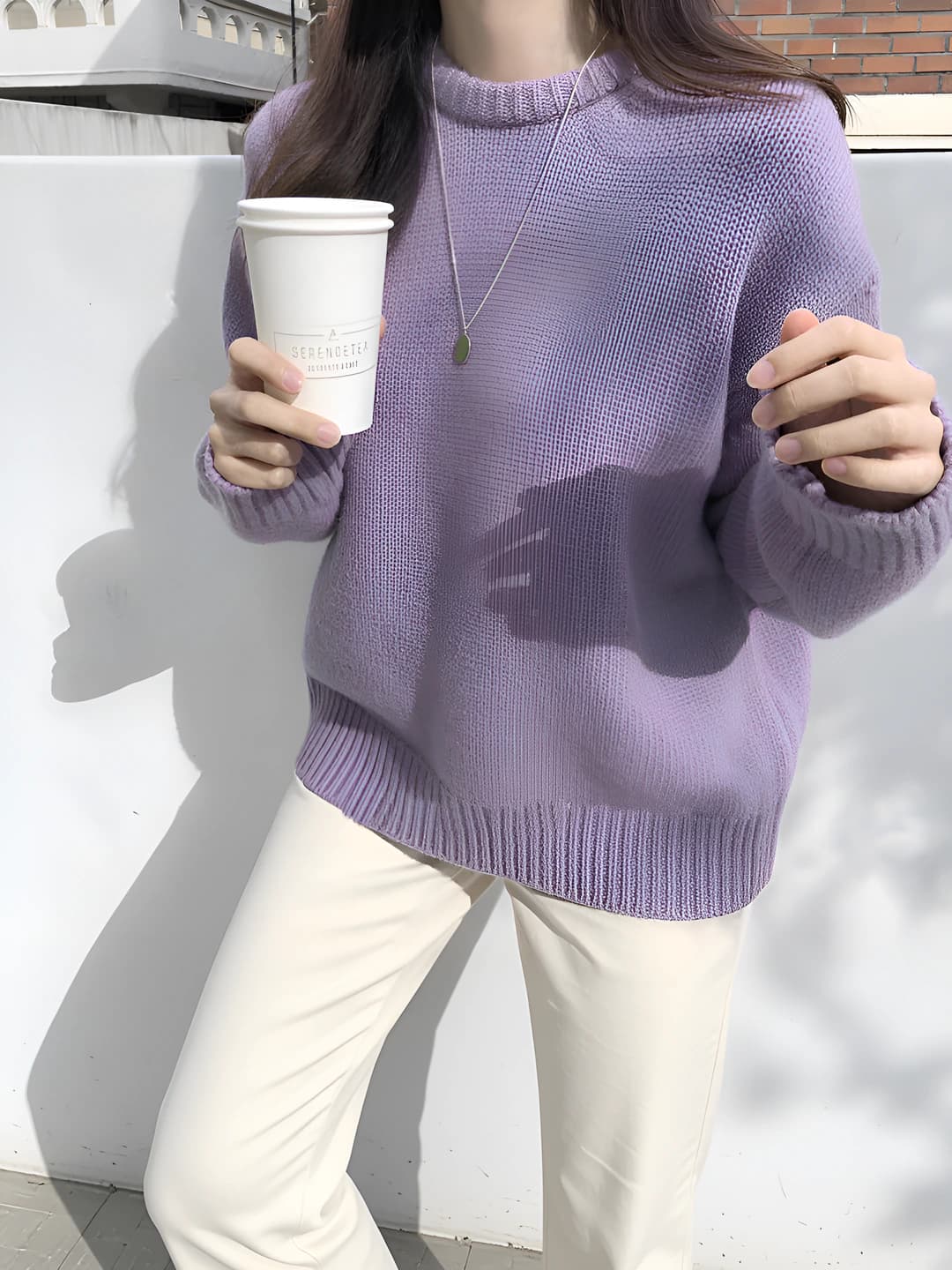 Women's Korean style thickened cashmere knit top, crew neck, long sleeve, solid colour, loose fit, autumn-winter
