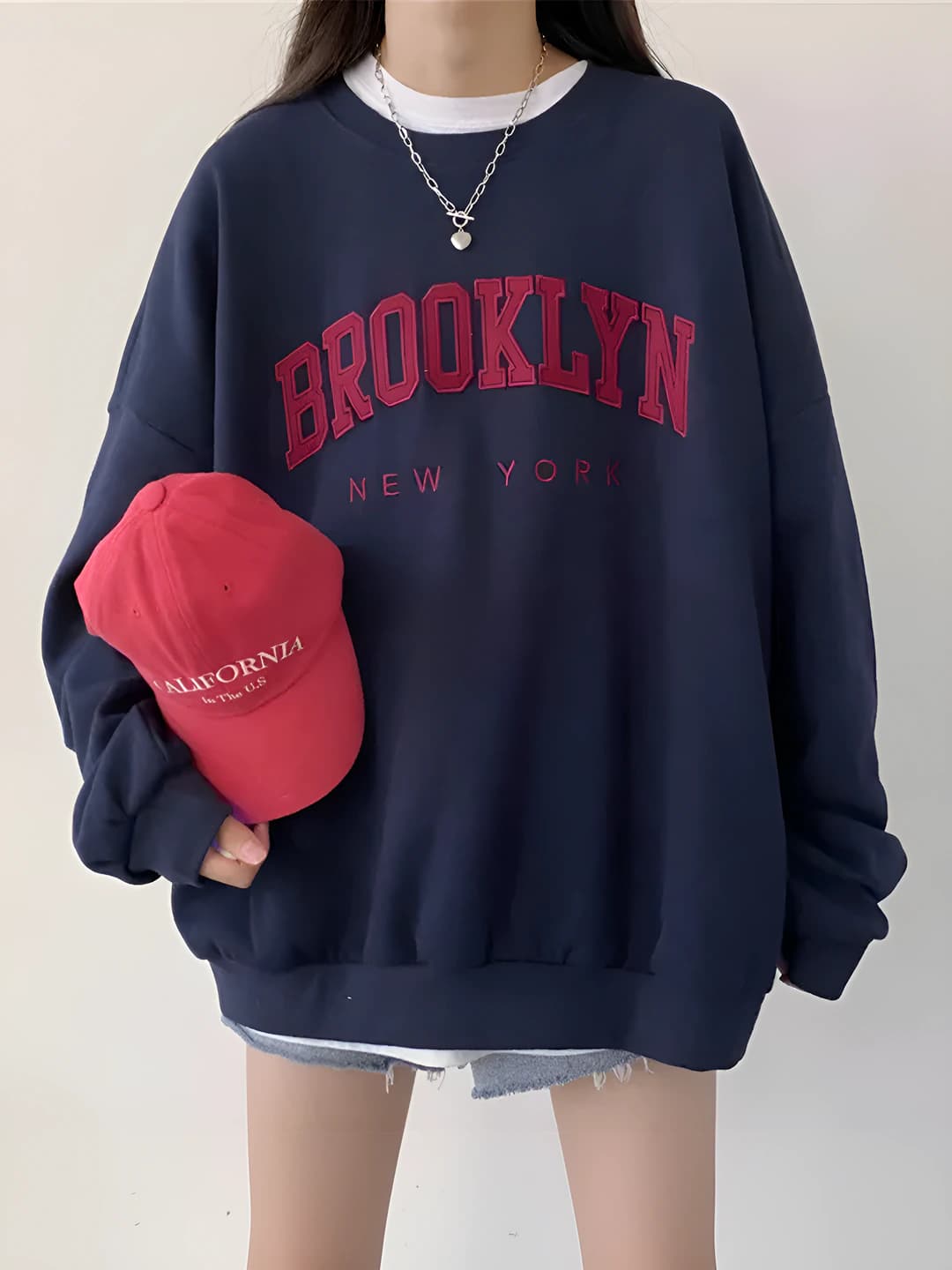 Women's 2026 Korean style fleece-lined, embroidered, loose fit, long sleeve, crew neck sweatshirt
