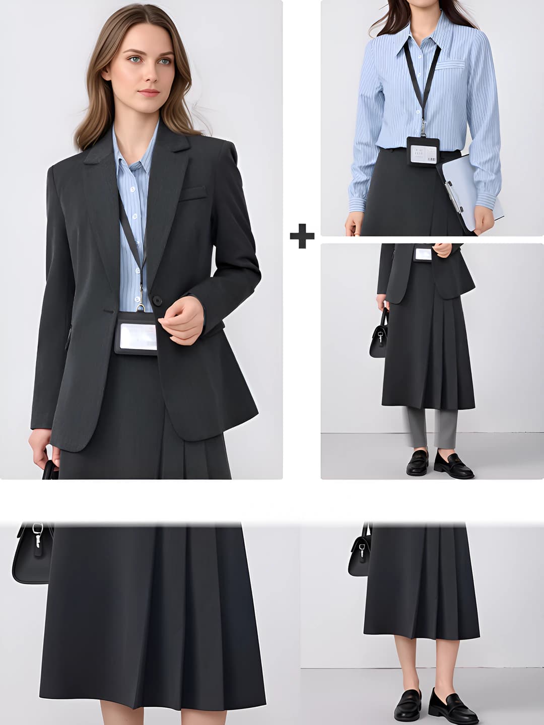Grey jacket + skirt C206 + blue striped shirt 8168, 3-piece set