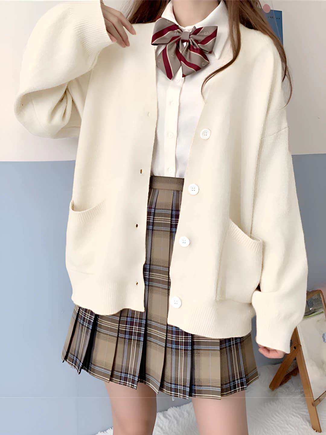 Women's knit cardigan, preppy style, solid colour, loose fit, long sleeve, V-neck, spring-autumn