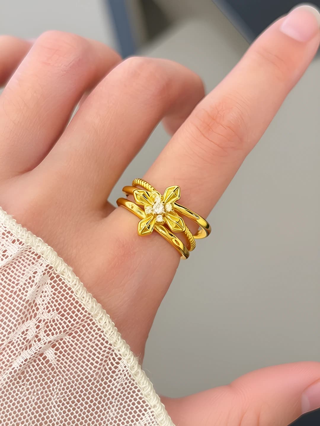 Women's open ring, double-layered, with crystals and zircon, gold color