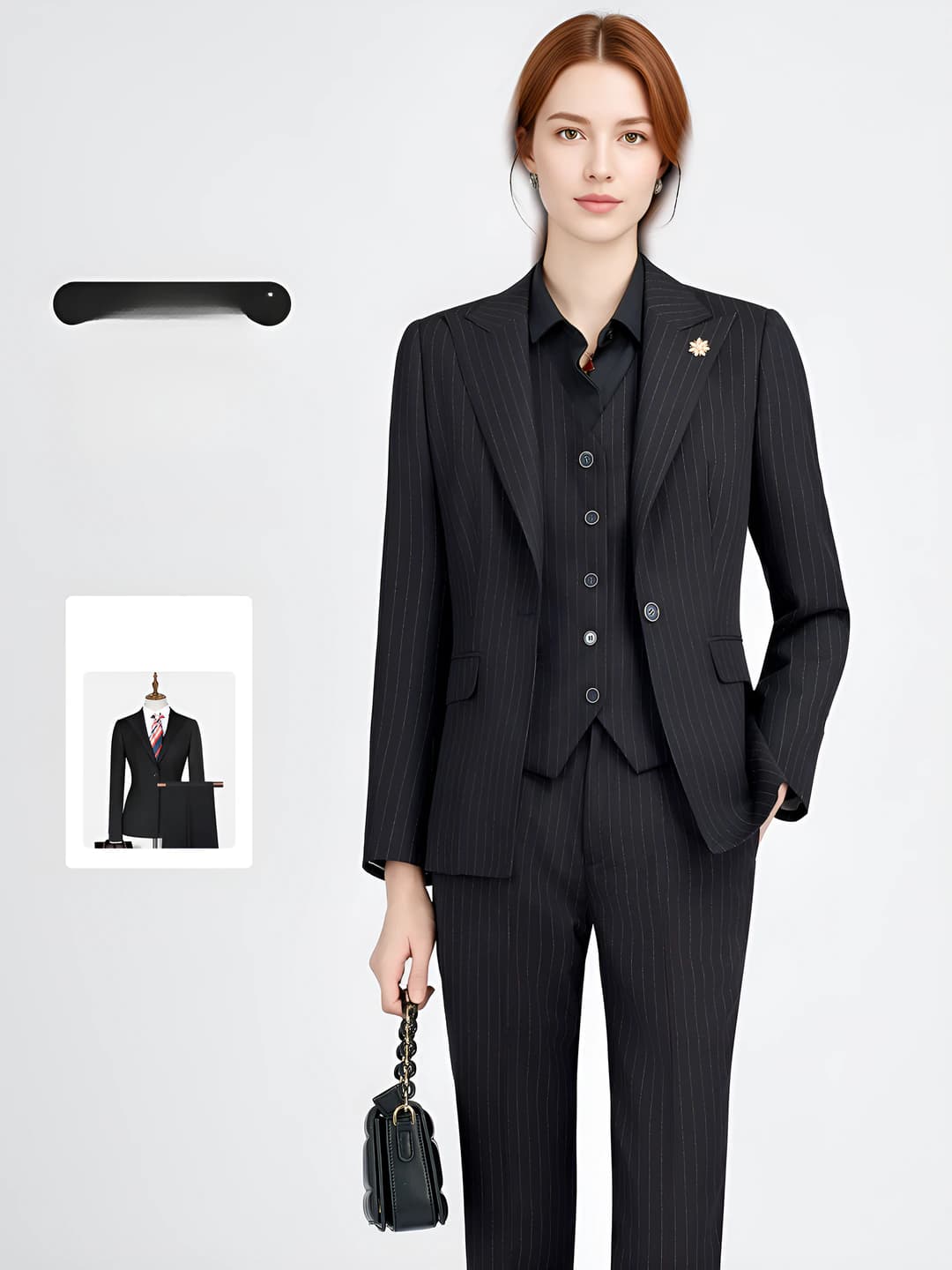 Women's striped two-piece business suit, blazer and trousers, black, long sleeve, OL style