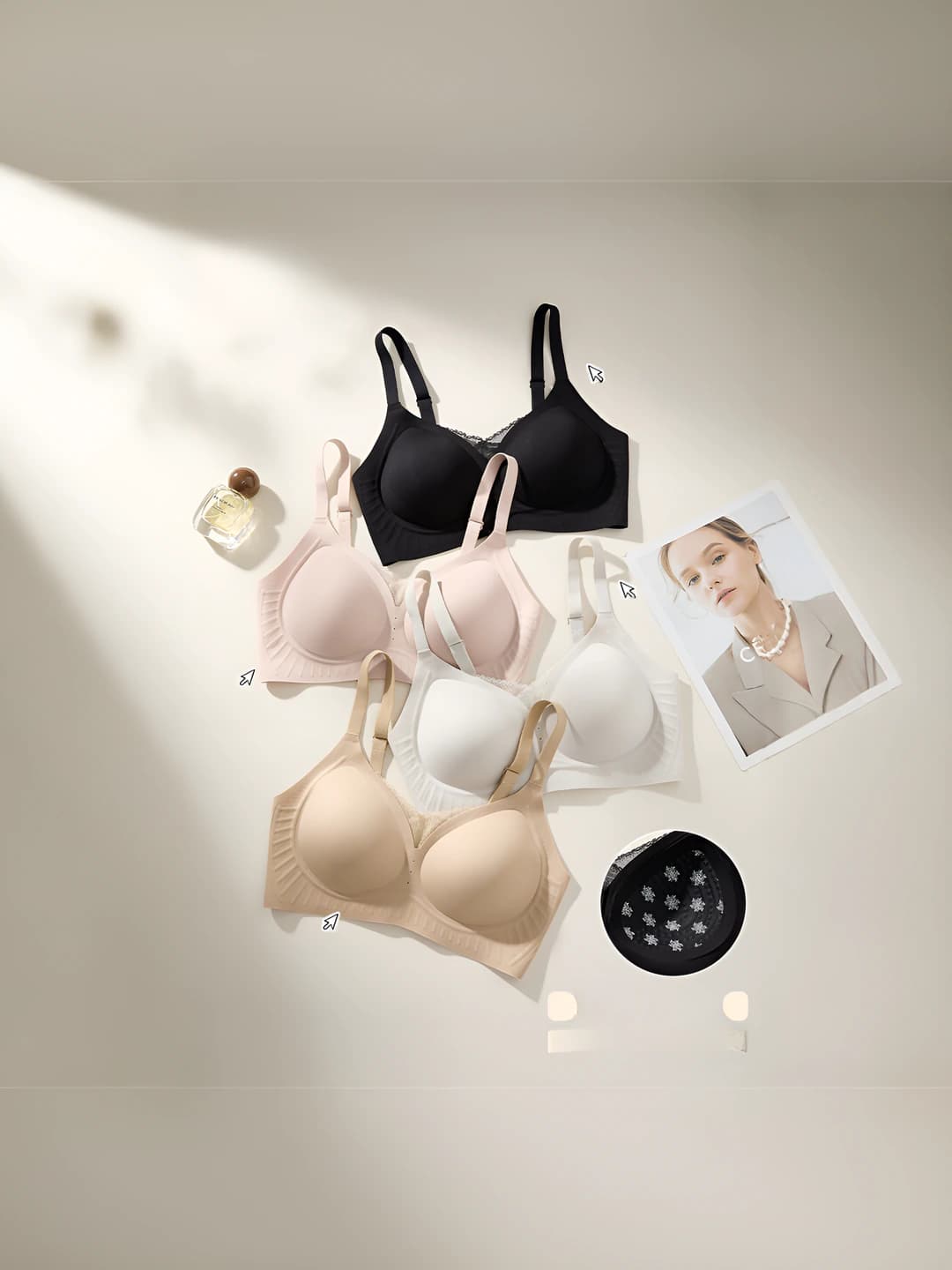 Women's seamless lace bra, soft support, bio-ceramic thermochromic molded cup, side breast gathering, all-season