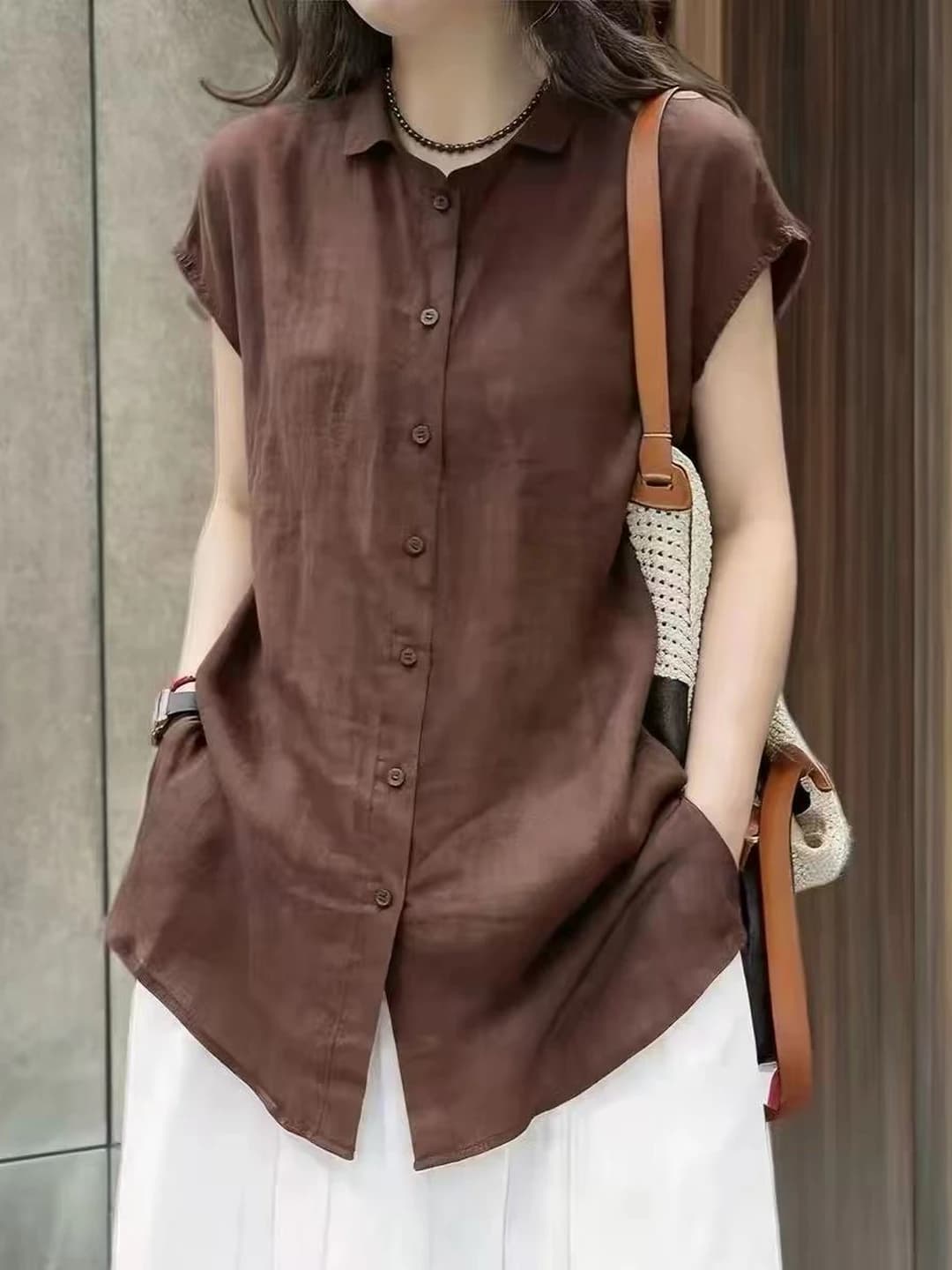 Women's summer mid-length short sleeve POLO collar solid colour blouse