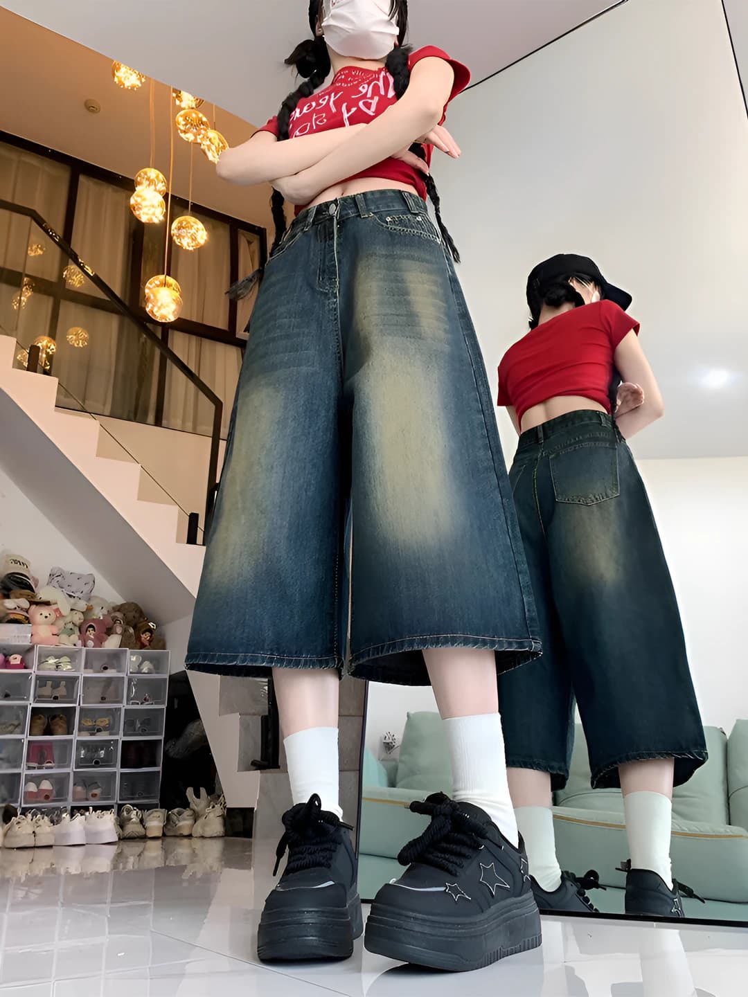 Ayollar uchun yozgi baland belli, bo'sh (oversize) to'g'ri kesim retro jinsi shimlar, uch chorak shim, nozik ko'rsatadigan, dazmol talab qilmaydi