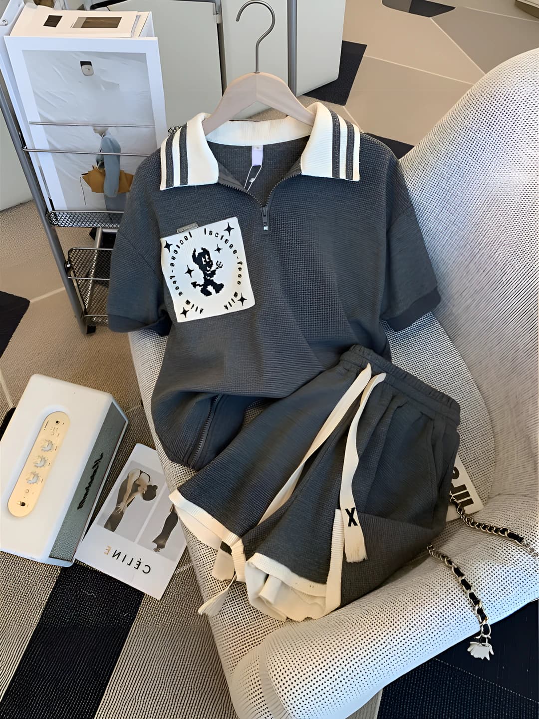 Women's summer plus size casual set: polo collar, zip, short sleeve top and short shorts (80-90% polyester, up to 30% cotton)