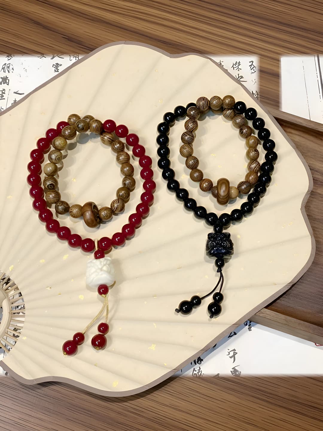 Unisex Chinese style bracelet with lion design element, wood and glass beads, double ring