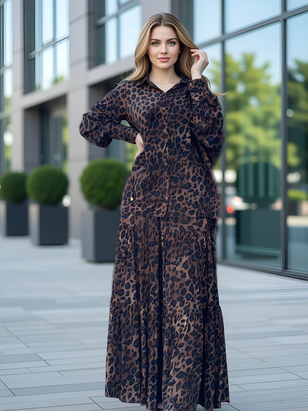 Women's casual set: long sleeve blouse and skirt with leopard print