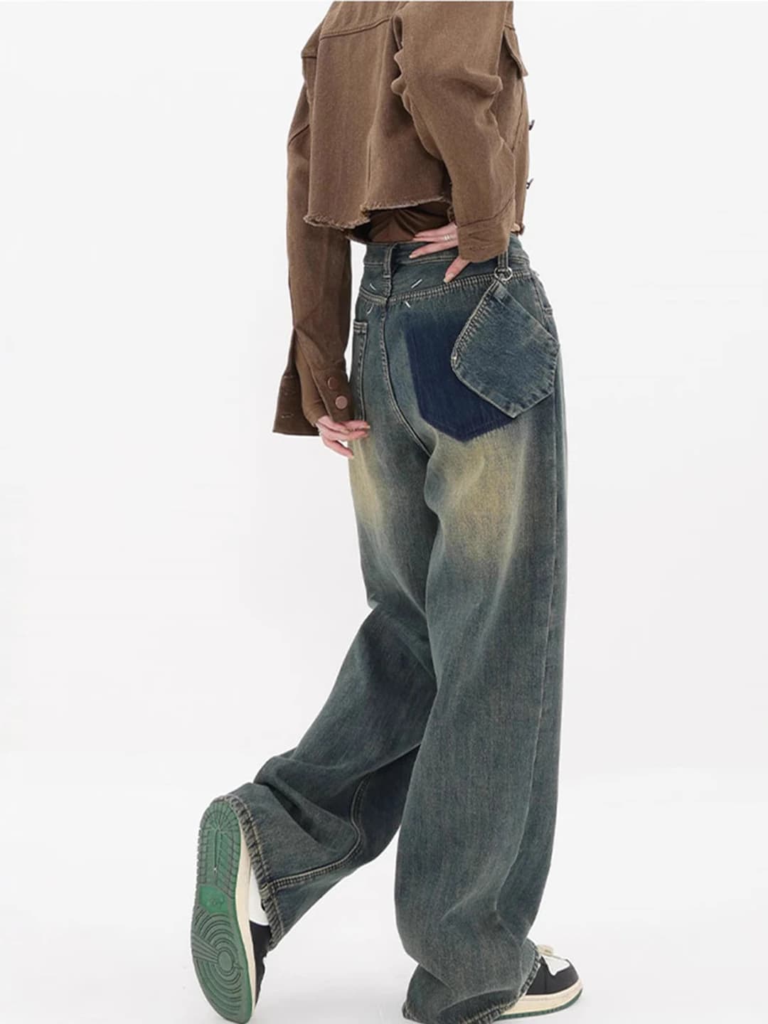 Women's retro high-waist loose fit straight cut wide-leg jeans, non-iron
