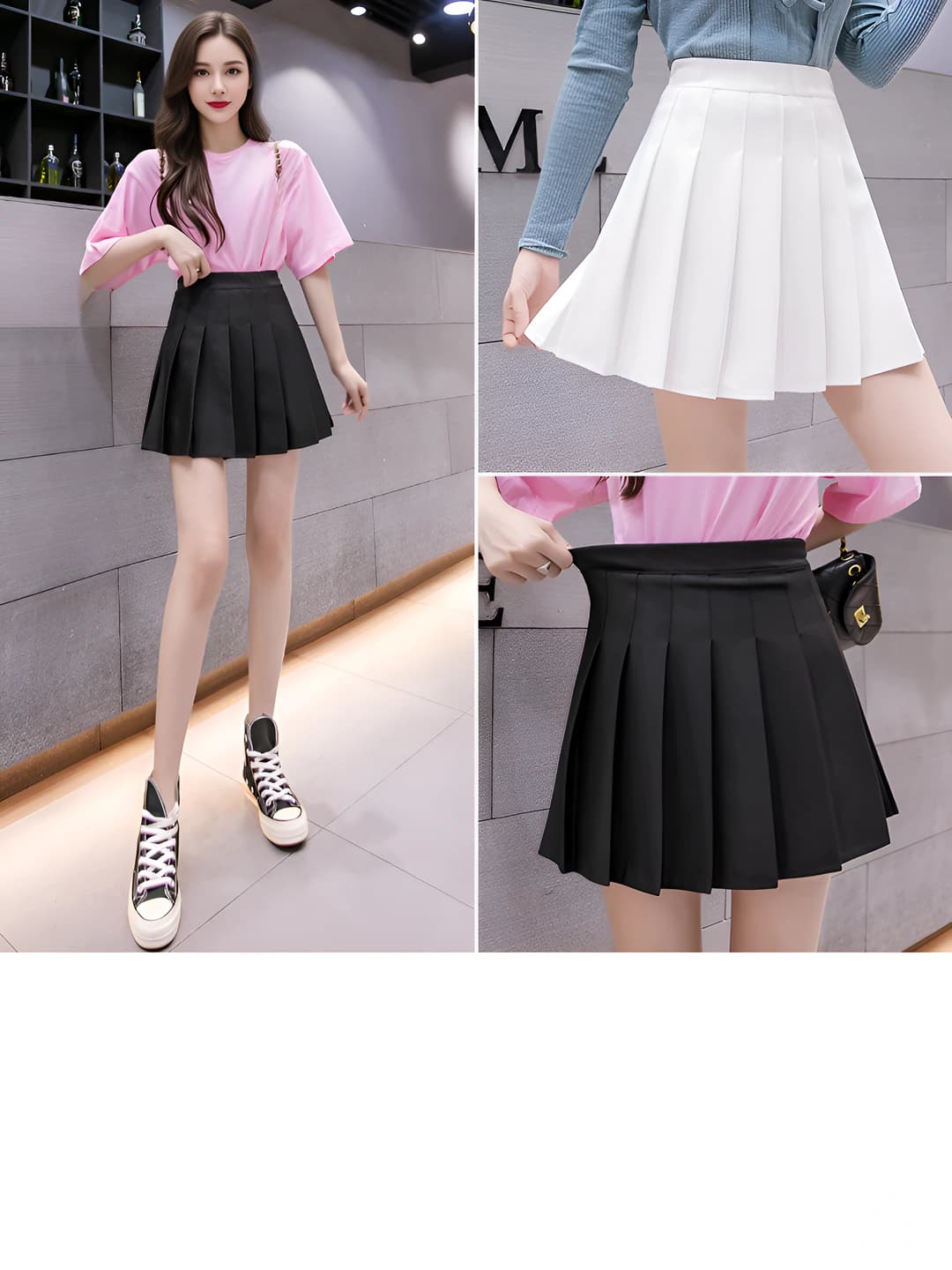 Women's Korean style high waist pleated skirt with elastic waist, mid-length, solid colour, spring-summer