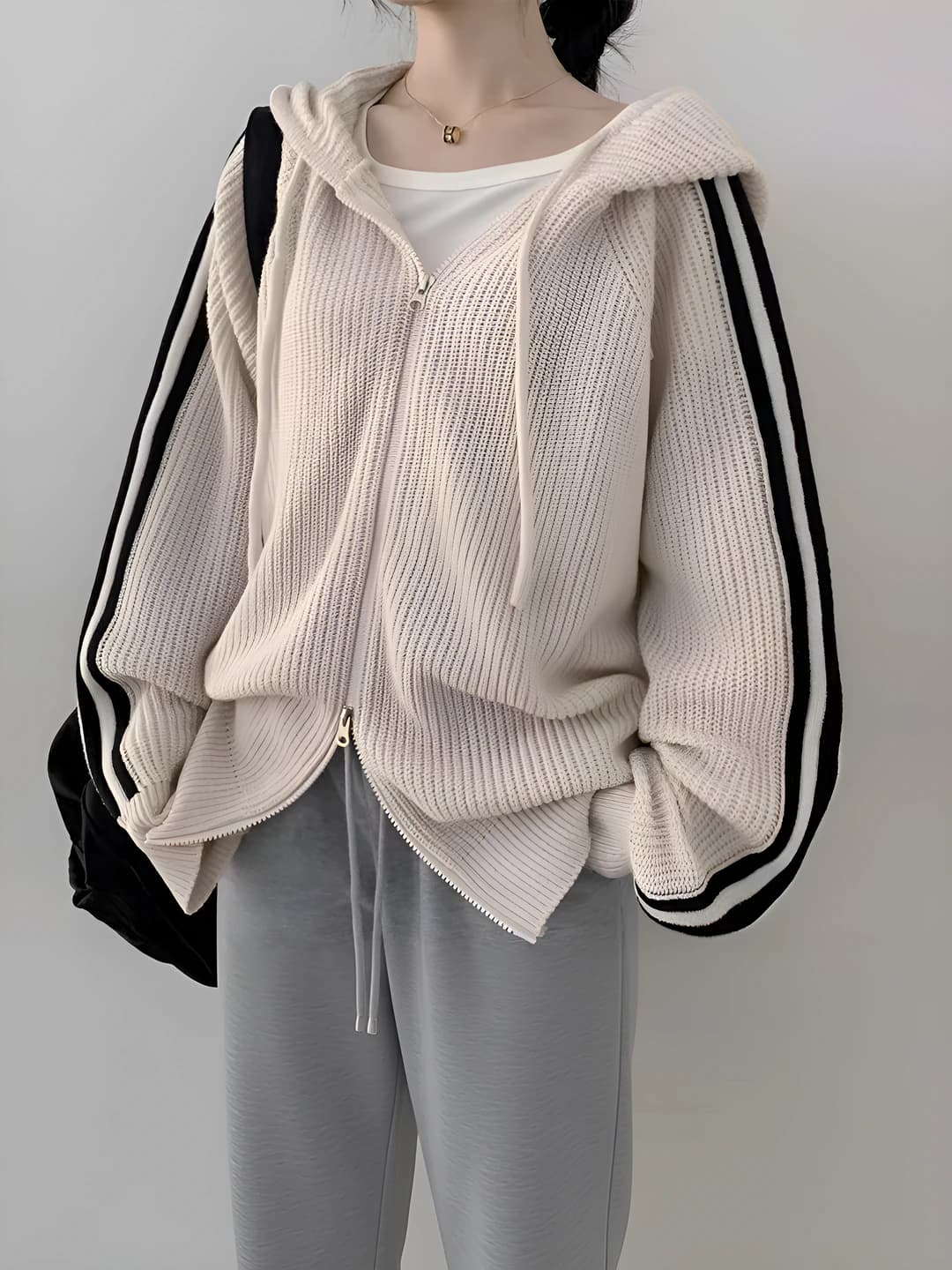 Women's autumn-winter striped zip-up hooded cardigan, loose fit, long sleeve, for petite