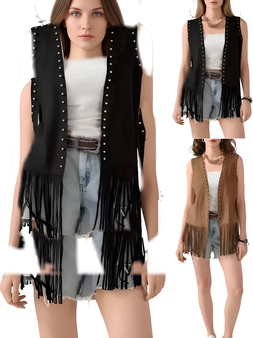 Women's casual slim fit vest, mid-length, ultra-thin, polyester, flutter sleeve, collarless, with fringe