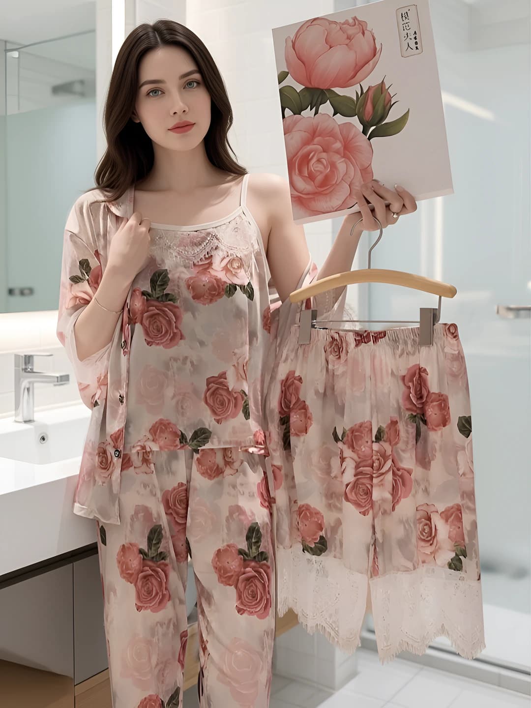 Women's printed ice-silk fabric pajama set: short sleeve, shorts, tank top, trousers, loose fit, lapel collar, thin, for summer and autumn