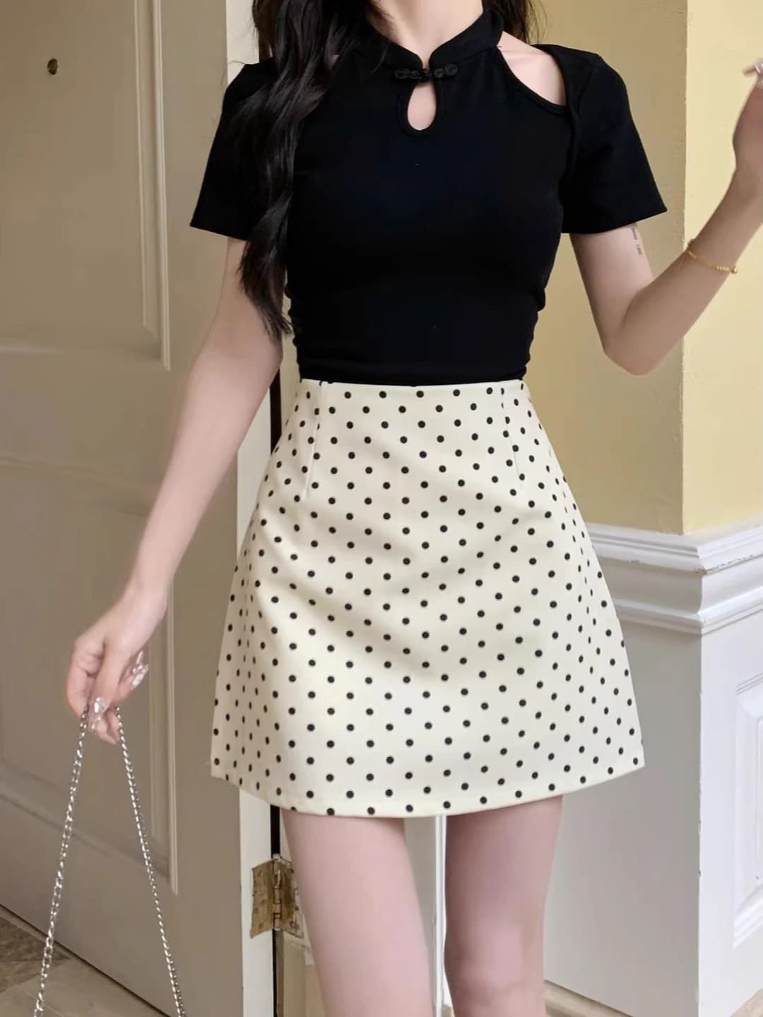 Women's gray and white polka dot skirt, 2026 spring-autumn, French style A-line mini skirt, black color