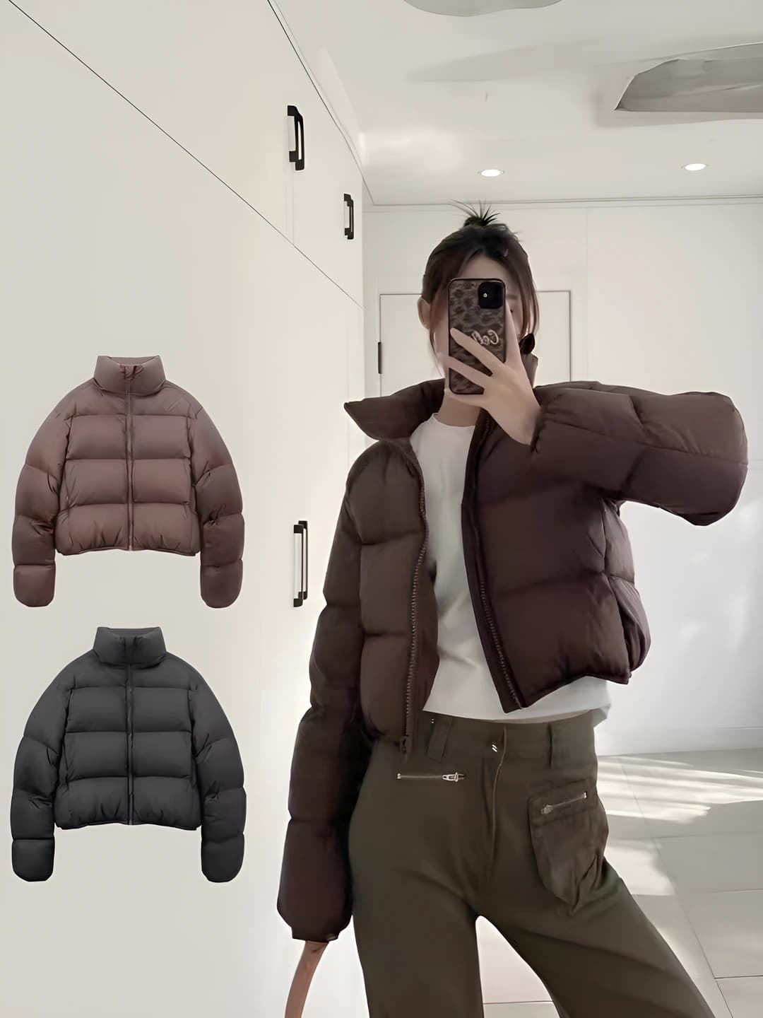 Ayollar uchun qishki puxli kurtka, past bo'ylilar uchun, bir rangli, tik yoqa, kalta, qalinlashtirilgan, issiq saqlaydigan, bo'sh (oversize), uzun yeng, fermuar, 3D naqsh, hip-hop uslub