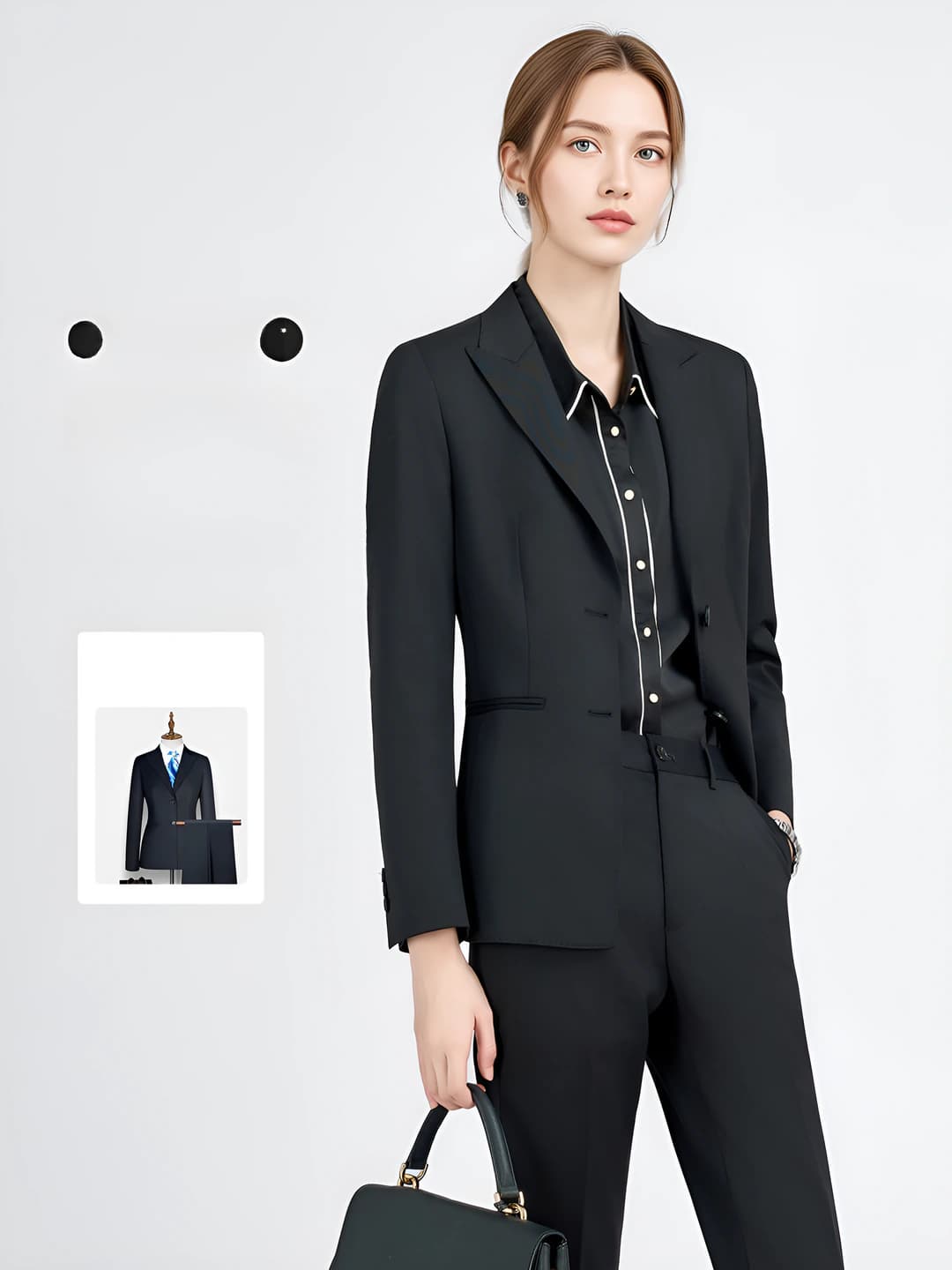 Women's wool suit set with trousers, blazer, long sleeve, black, business style