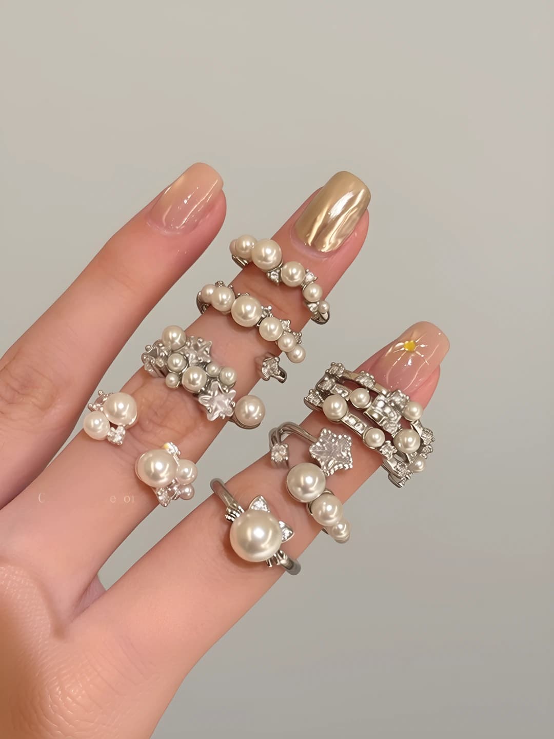 Women's French baroque pearl open ring, Korean style, geometric design element, solid metal