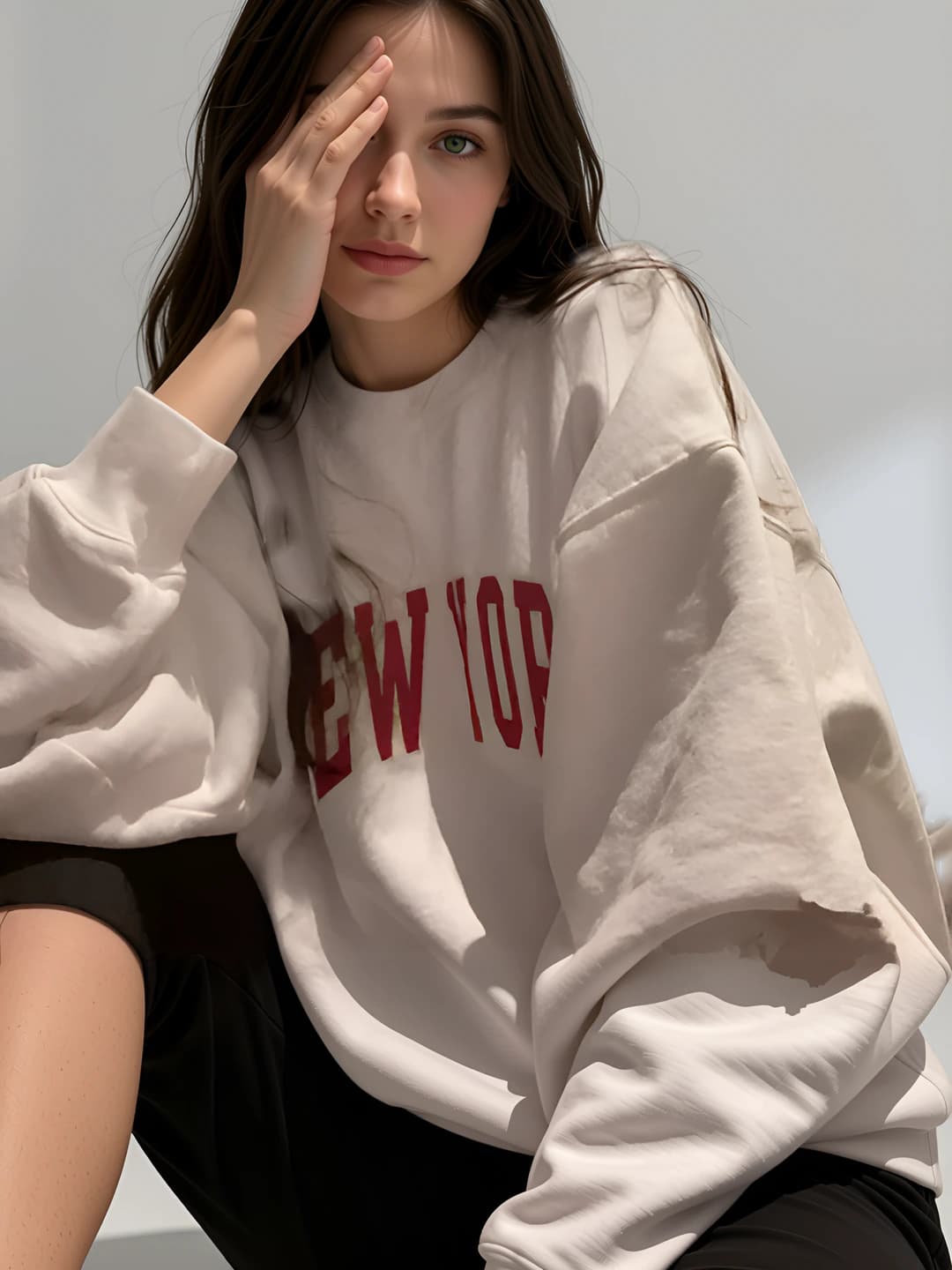 Women's 2026 spring-autumn thin white long sleeve loose fit crew neck printed sweatshirt