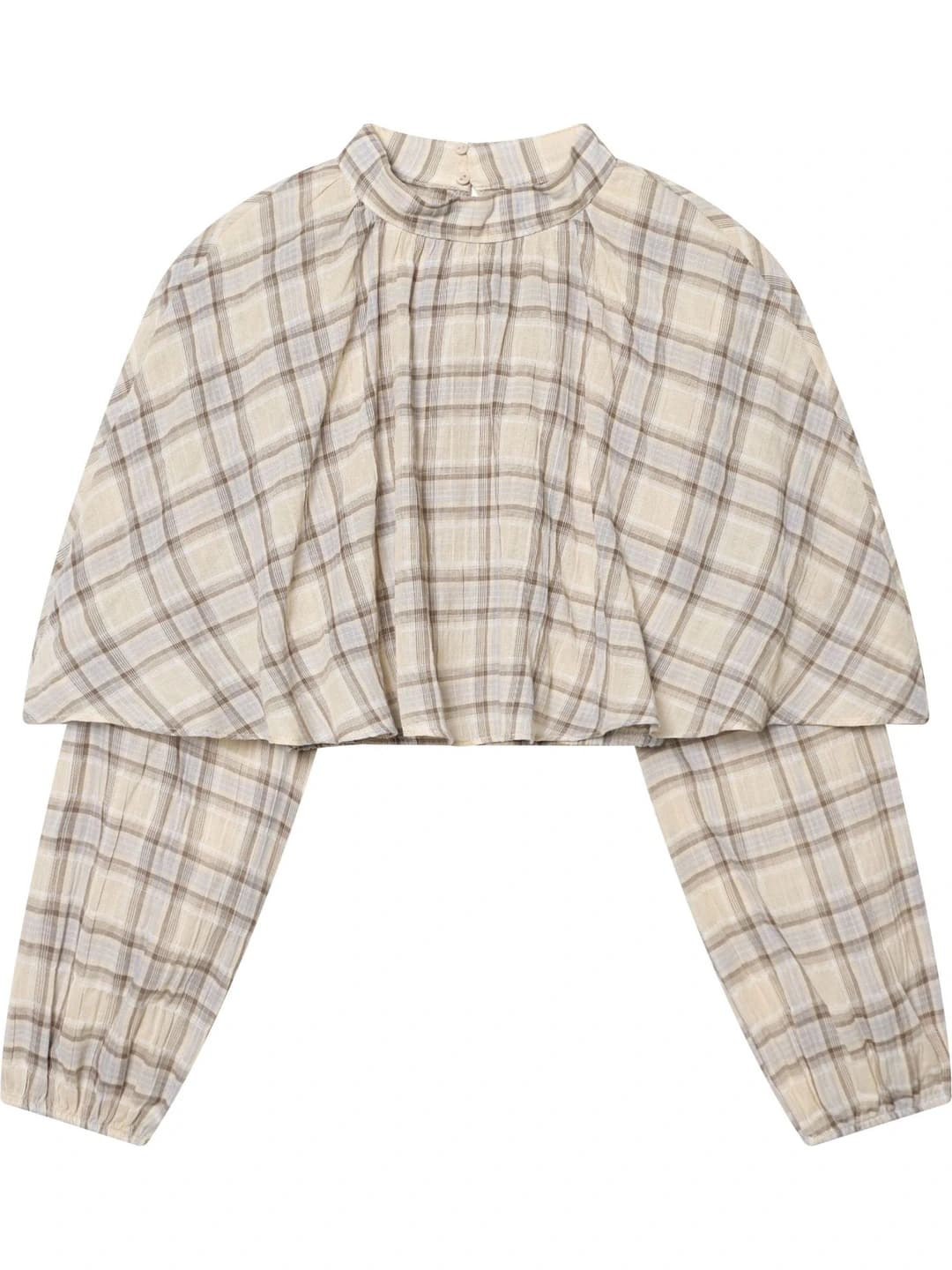 Women's peplum top with basque, checked and striped pattern, stand collar, long sleeve, A-line fit, cropped