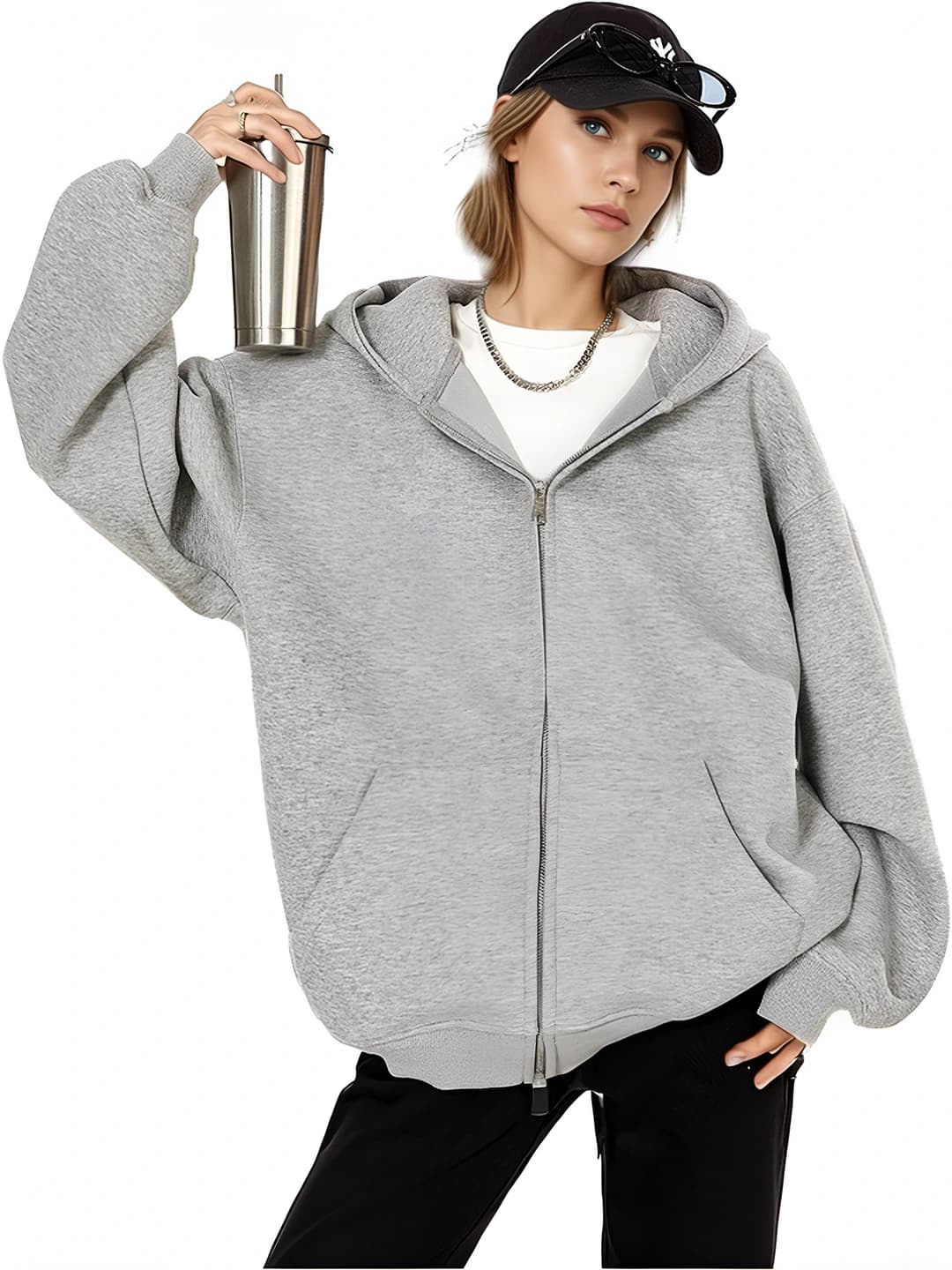 Women's autumn-winter hoodie, solid colour, loose fit, long sleeve, zip-up, casual style