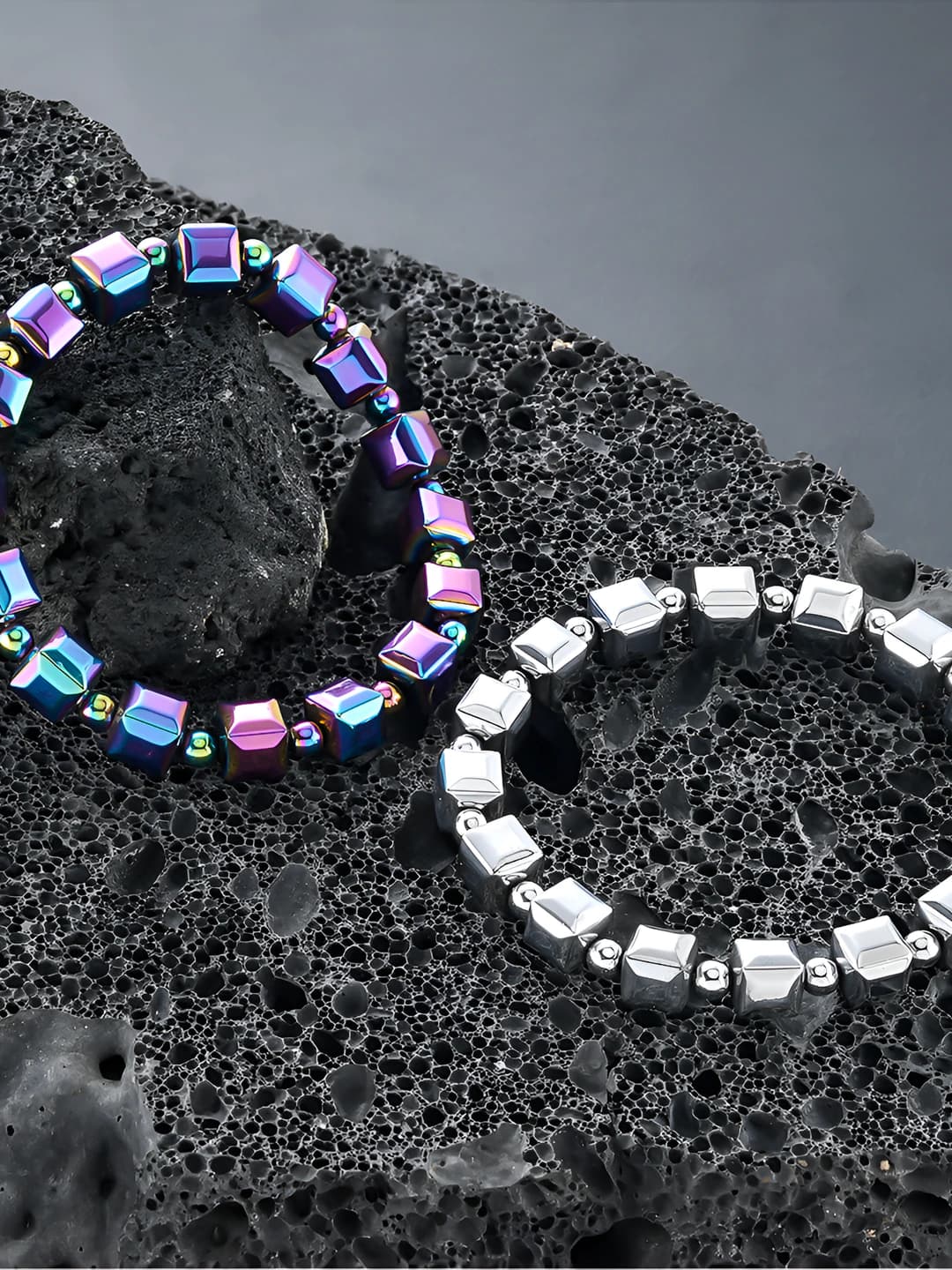 Black obsidian and colorful magnetic stone bracelet, geometric shape, for men and women