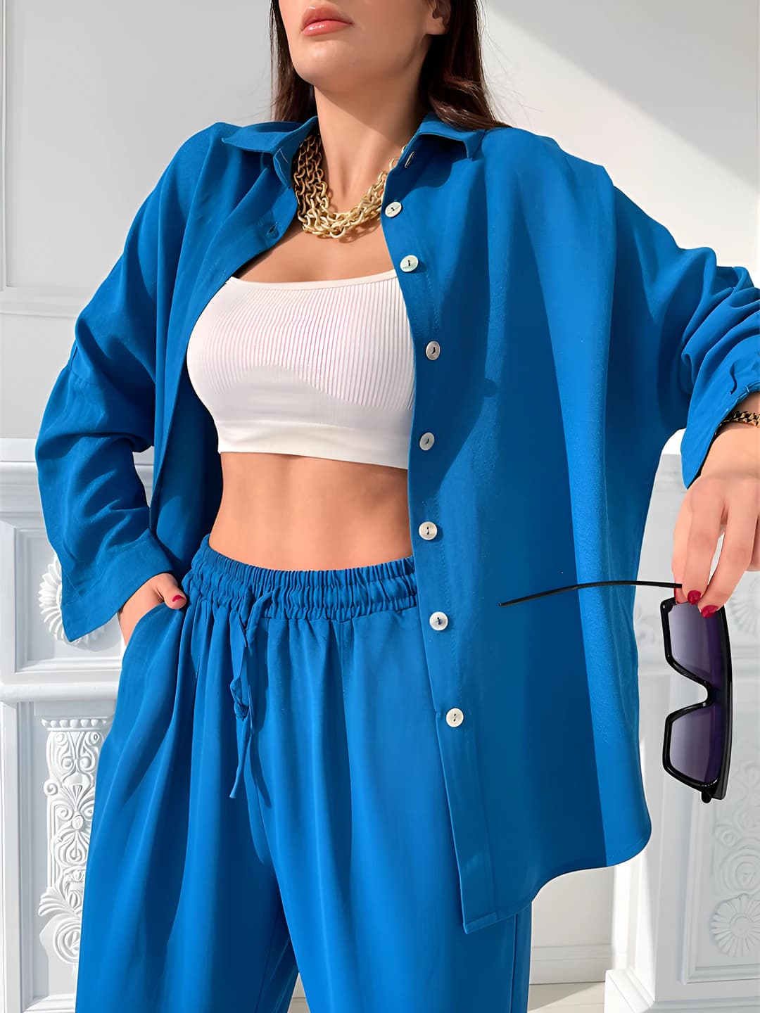 Women's casual set: loose fit long sleeve shirt and trousers, polyester, button design element