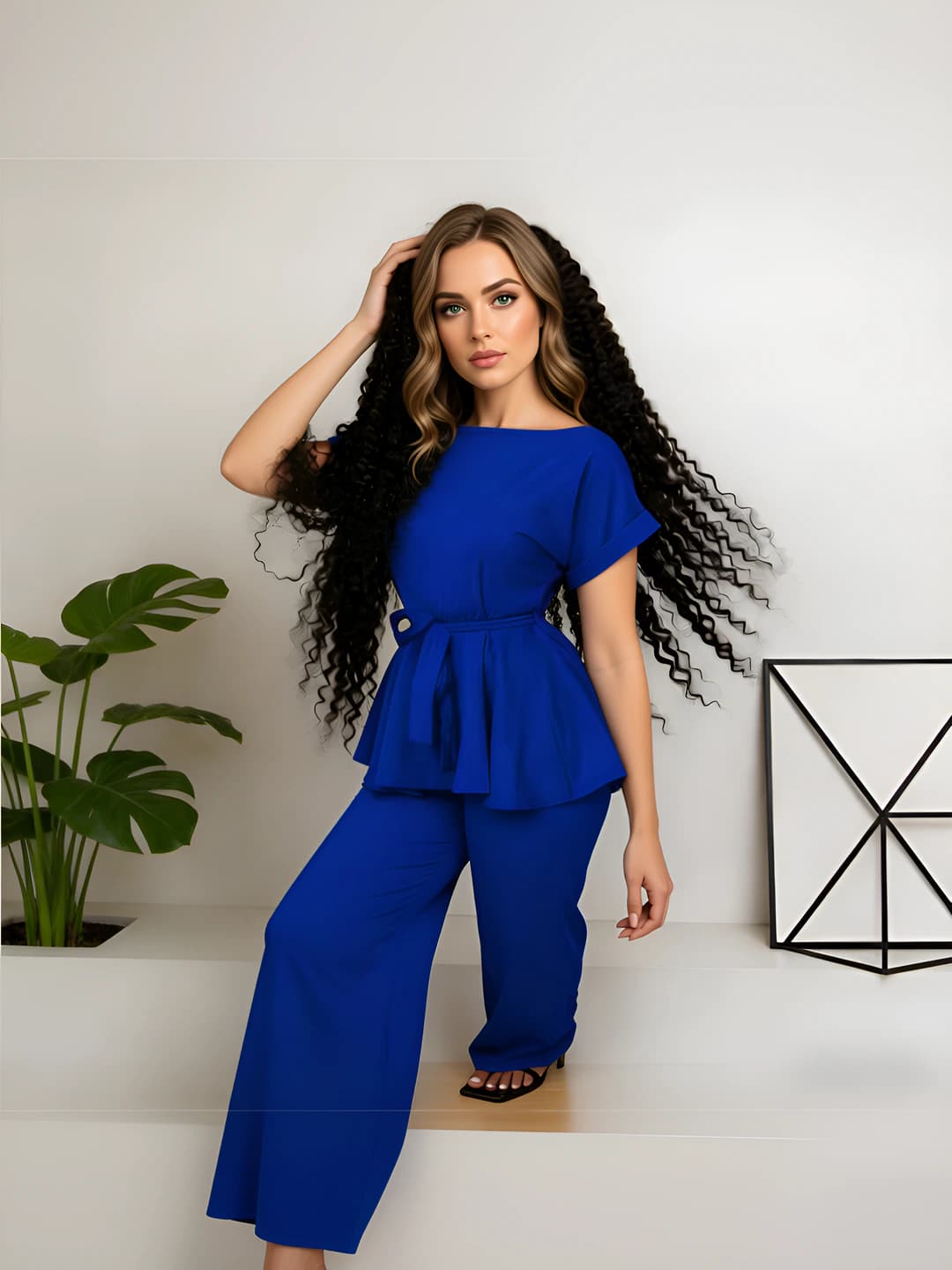 Women's casual two-piece clothing set (peplum top and wide-leg trousers), sleeveless, all-season