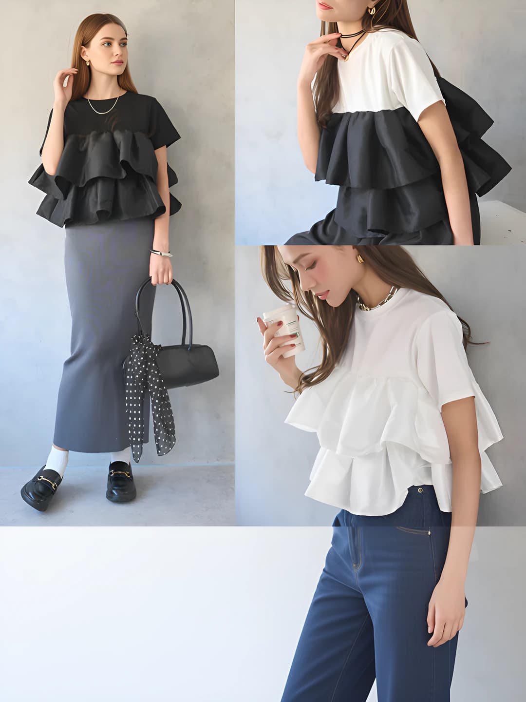 Women's summer short sleeve t-shirt, crew neck, solid colour, ruffle hem, 80-90% cotton